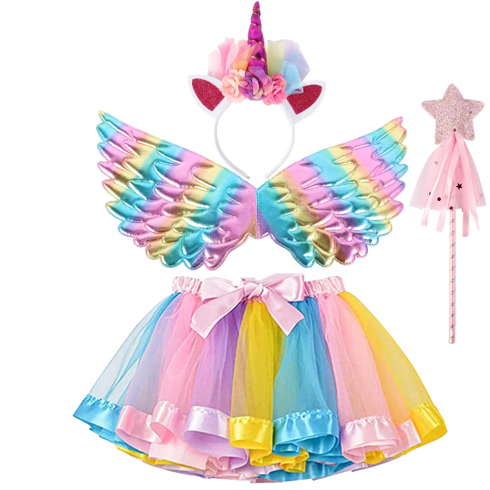 AOUVT 4 Pcs Disfraz Unicornio Niña, Conjunto de Cosplay de Unicornio, Disfraces de Fiesta de Unicornio, Faldas de Niña para Niñas de 3 4 5 6 7 8 Años