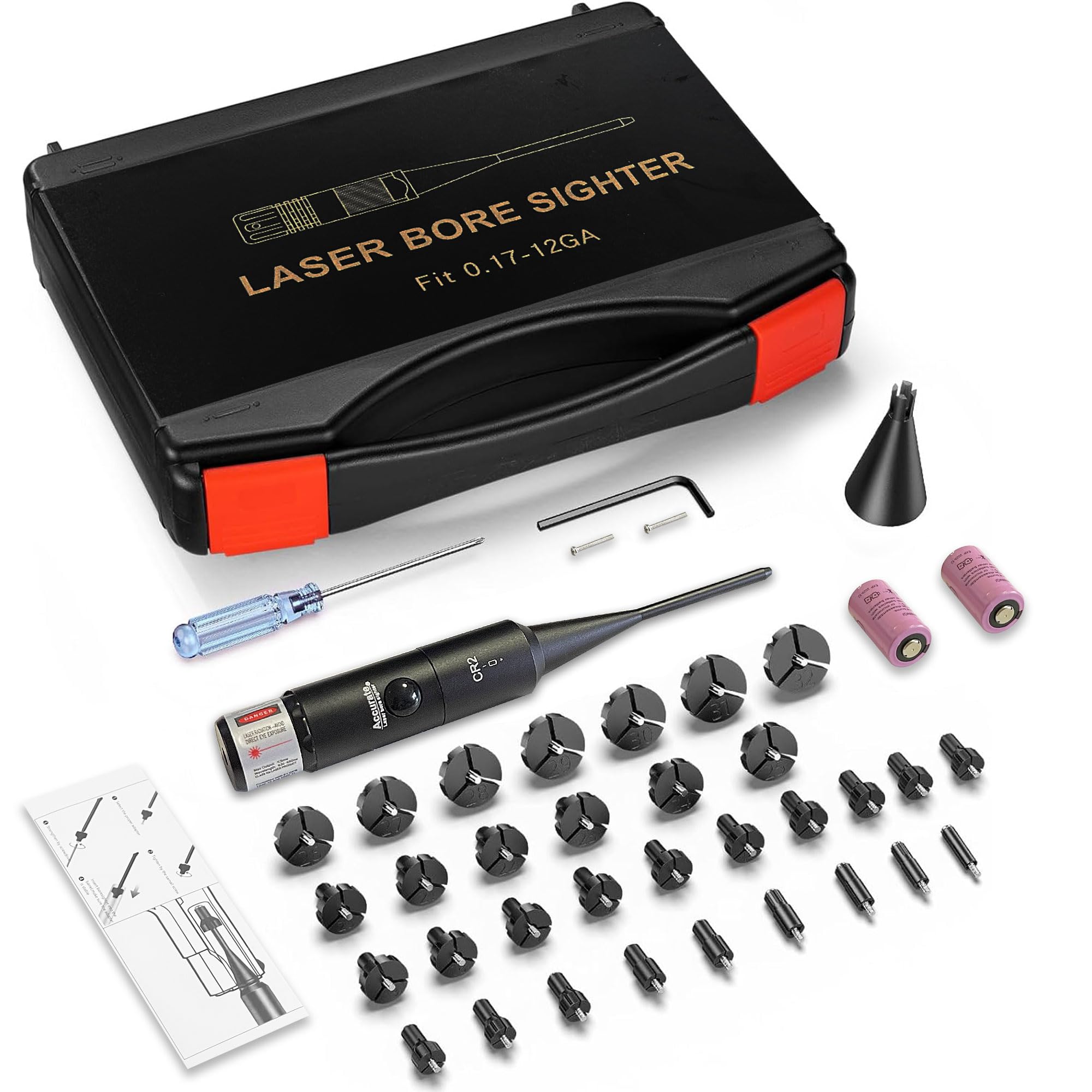 UUQ Professional Laser Bore Sight Kit with Button Switch,Red Laser with 32 Adapters for 0.17 to 12GA Calibers,Suitable for Pistol Rifle Airsoft & Shotgun,Powerful Hunting Equipment (Red Laser) — view 3