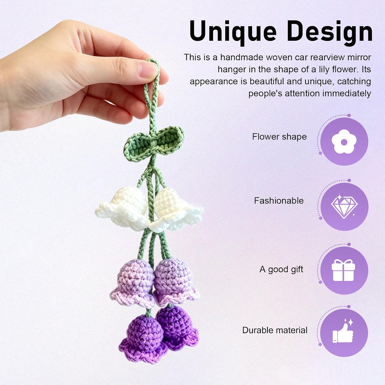 Crochet Flower Car Mirror Hanging Accessories, Handmade Knitted Lily Flower Rear View Mirror Pendant, Cute Crochet Hanging Decor for Rearview Mirror, Universal for Most Vehicles (Purple) image 3