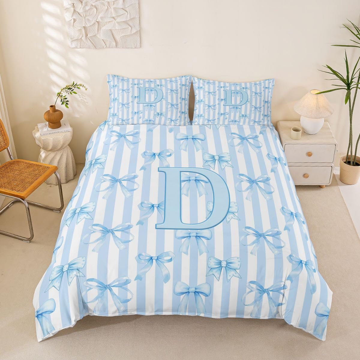 Homewish Początkowa litera D kokarda alfabet niebieskie paski poszewka na kołdrę podwójna kokardka zestaw pościeli w paski kawaii poszewka na kołdrę marzycielska księżniczka zestawy łóżek