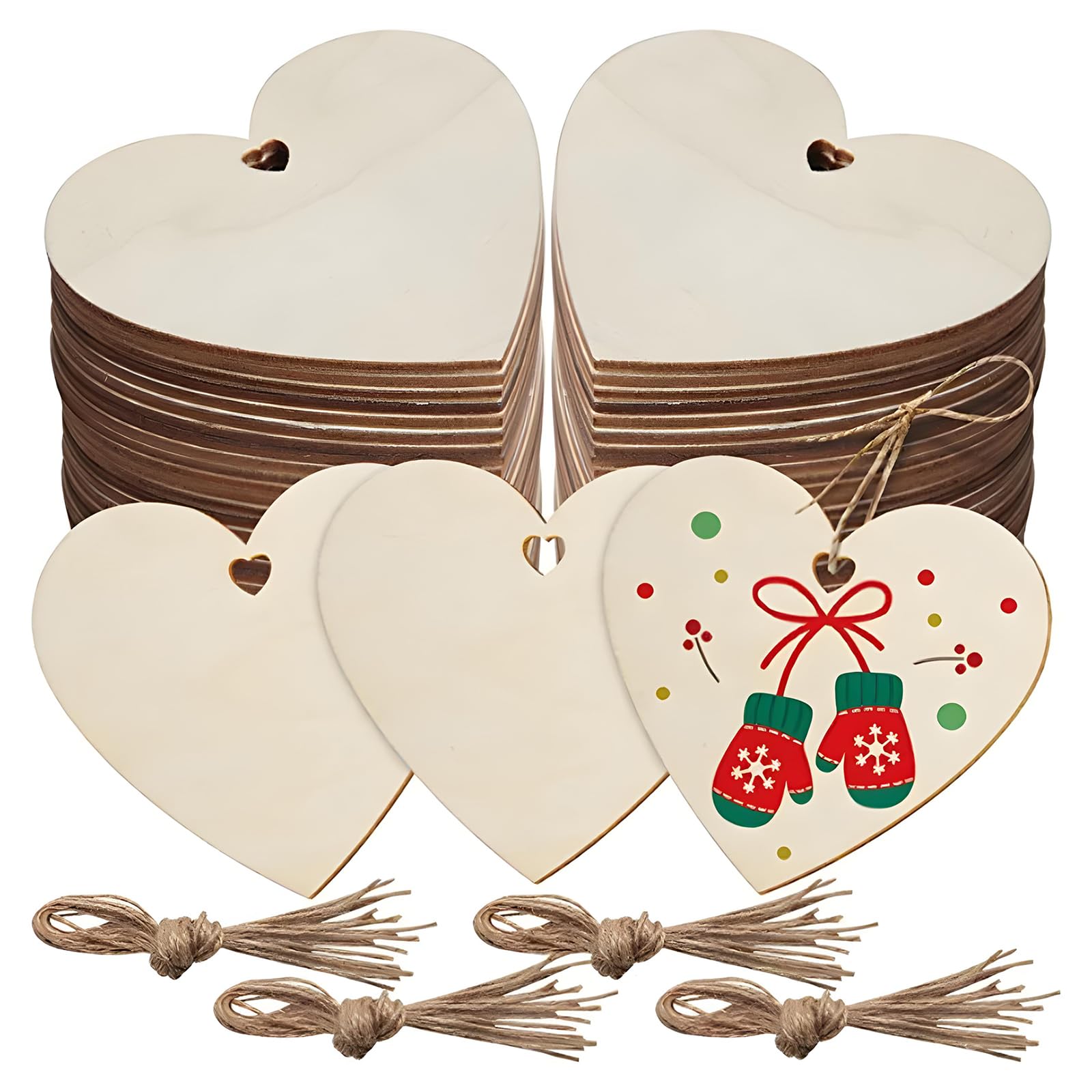 Qixuer 50 Pcs 8cm Wooden Hearts for Crafting, Blank Unfinished Wood Heart Shapes with Jute Rope - Perfect for Wedding Decor, Painting & DIY Projects