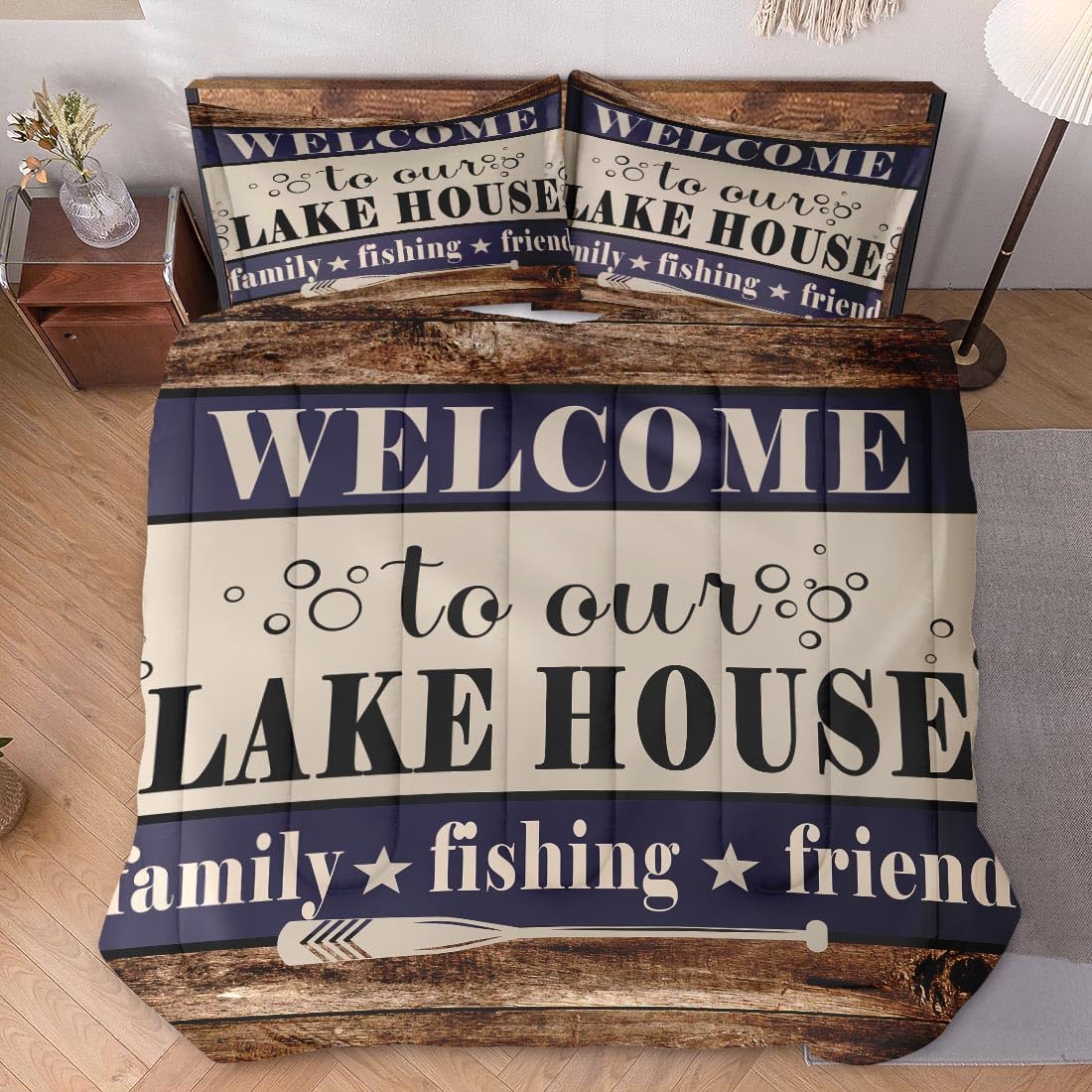 WeCozy Queen Size Comforter Set with 2 Pillowcases, Welcome Lake House 3 Pcs Bedding for Kids and Adults, Woodboard Family Fishing Cabin Soft Comforter Set for Bedroom Bed Decor