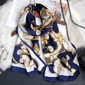 小物 Hand Printed Silk Scarf - blue Crashing Waves scarf. Linen-weave pashmina.