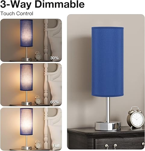 Miniatura 2 de Lámpara táctil azul marino para niños, pequeña lámpara de mesita de noche con puertos de carga USB-C y USB, lámpara de mesa de noche regulable de 3