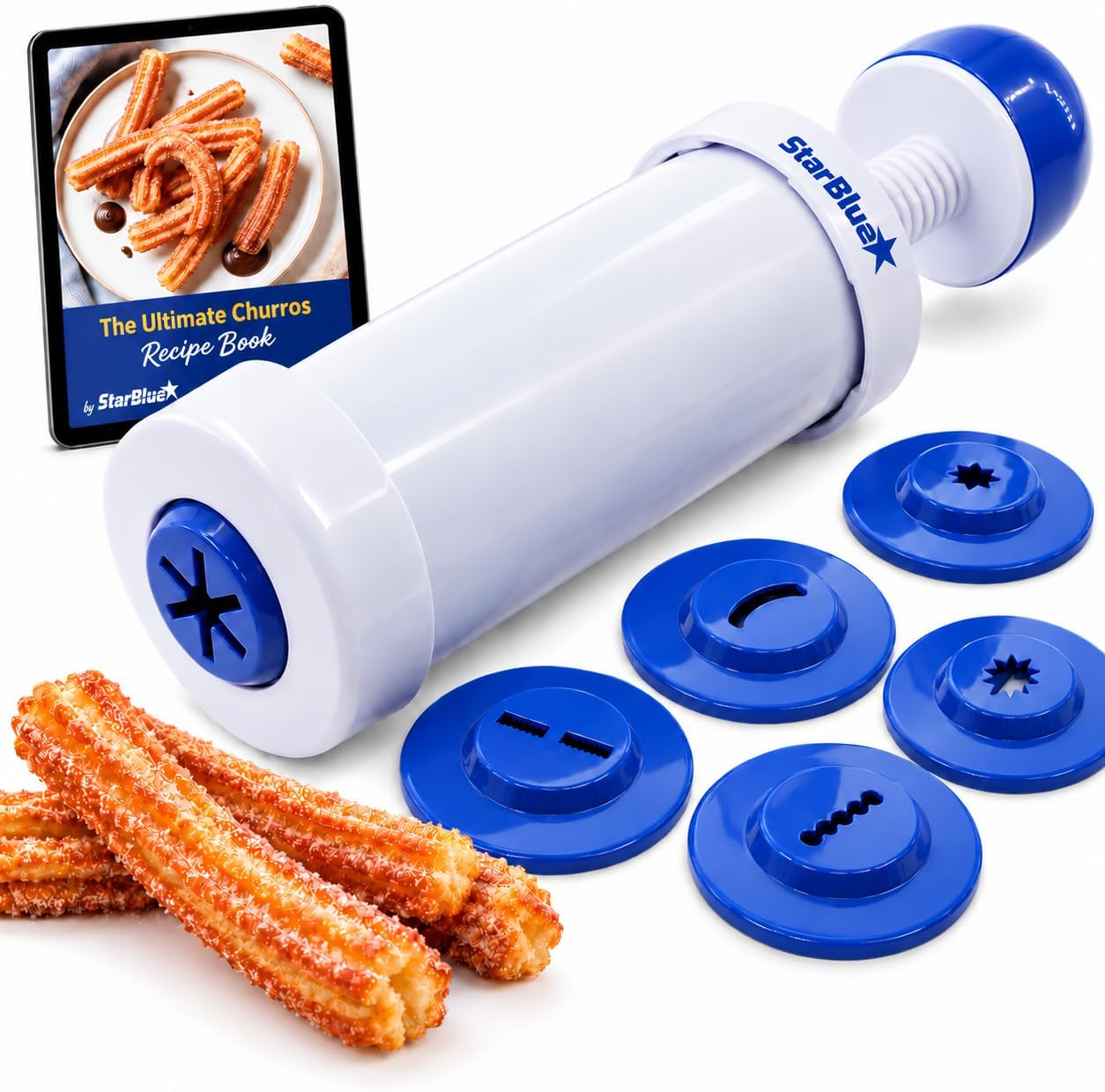 StarBlue Churrera Churro Maker with FREE Recipe e-Book - Easy Piping Nozzle Tool for Deep Fry Churro in 8 Difference Shapes
