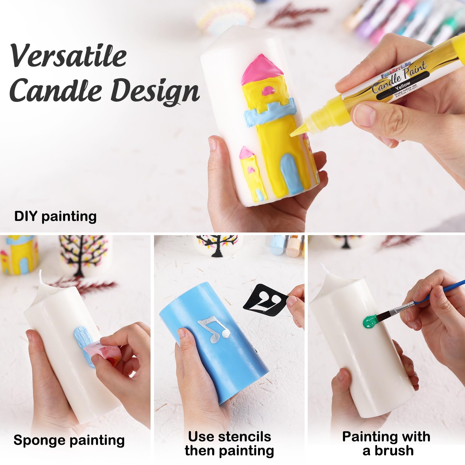 FansArriche Candle Paint, 20 x 15 ml Candle Wax Pen Set for Candle Making, Water-Based Candle Pen for Candle Painting and Decorating with Fine Painting Tip