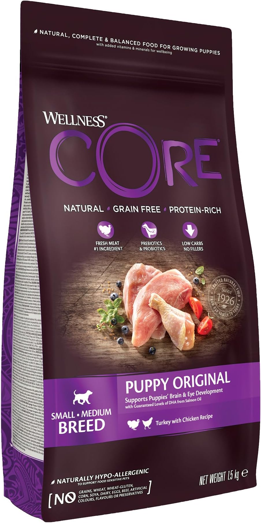 Puppy 1.5 kg, Chicken & Turkey – Dry Dog Food for Small & Medium Breed Puppies, Grain-Free, Natural, Hypoallergenic, Protein-Rich, High Meat Content, Supports Brain & Eye Development