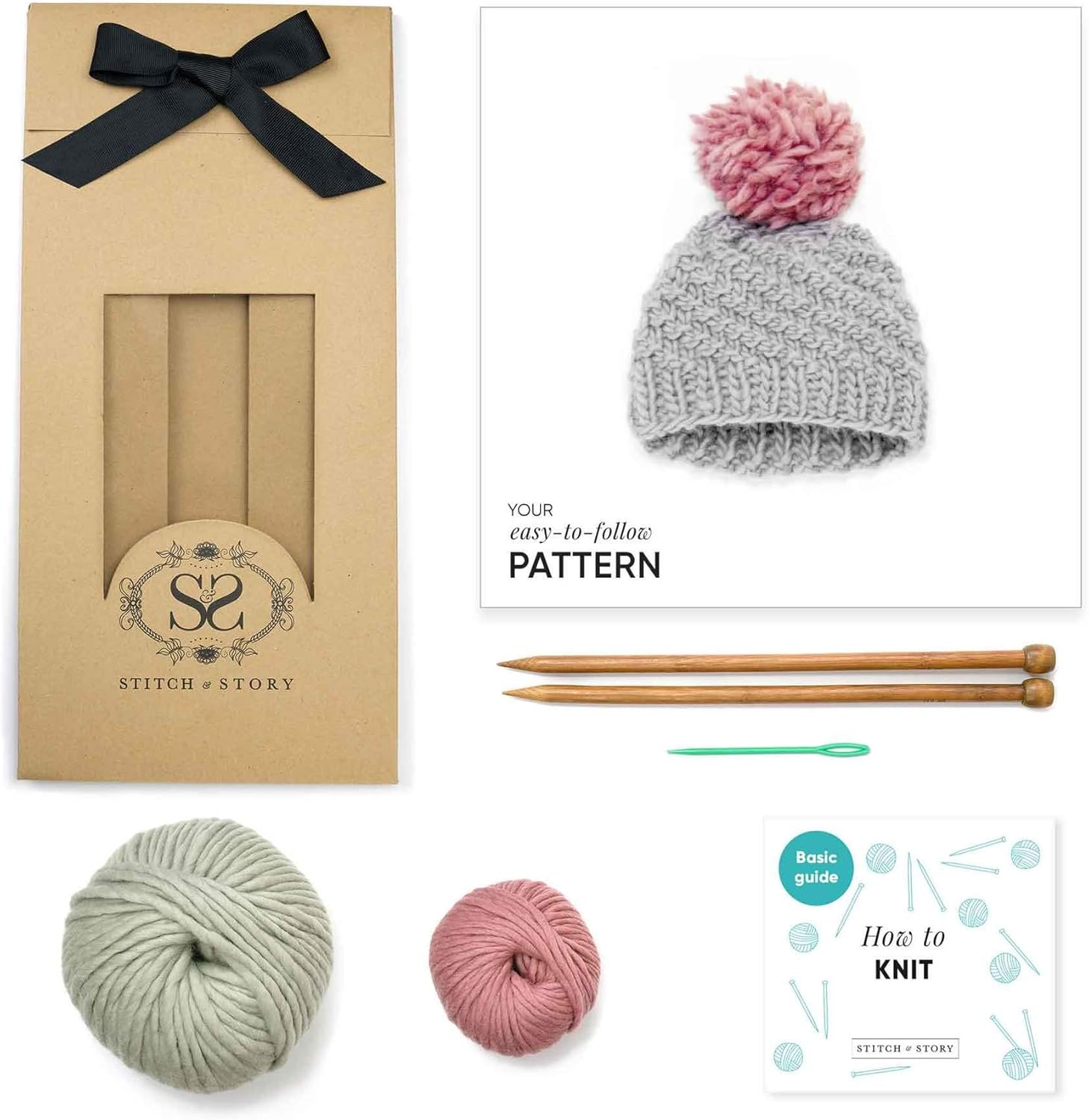 Stitch & Story Luca Pom Hat Beginner Knitting Kit, Stormy Grey with