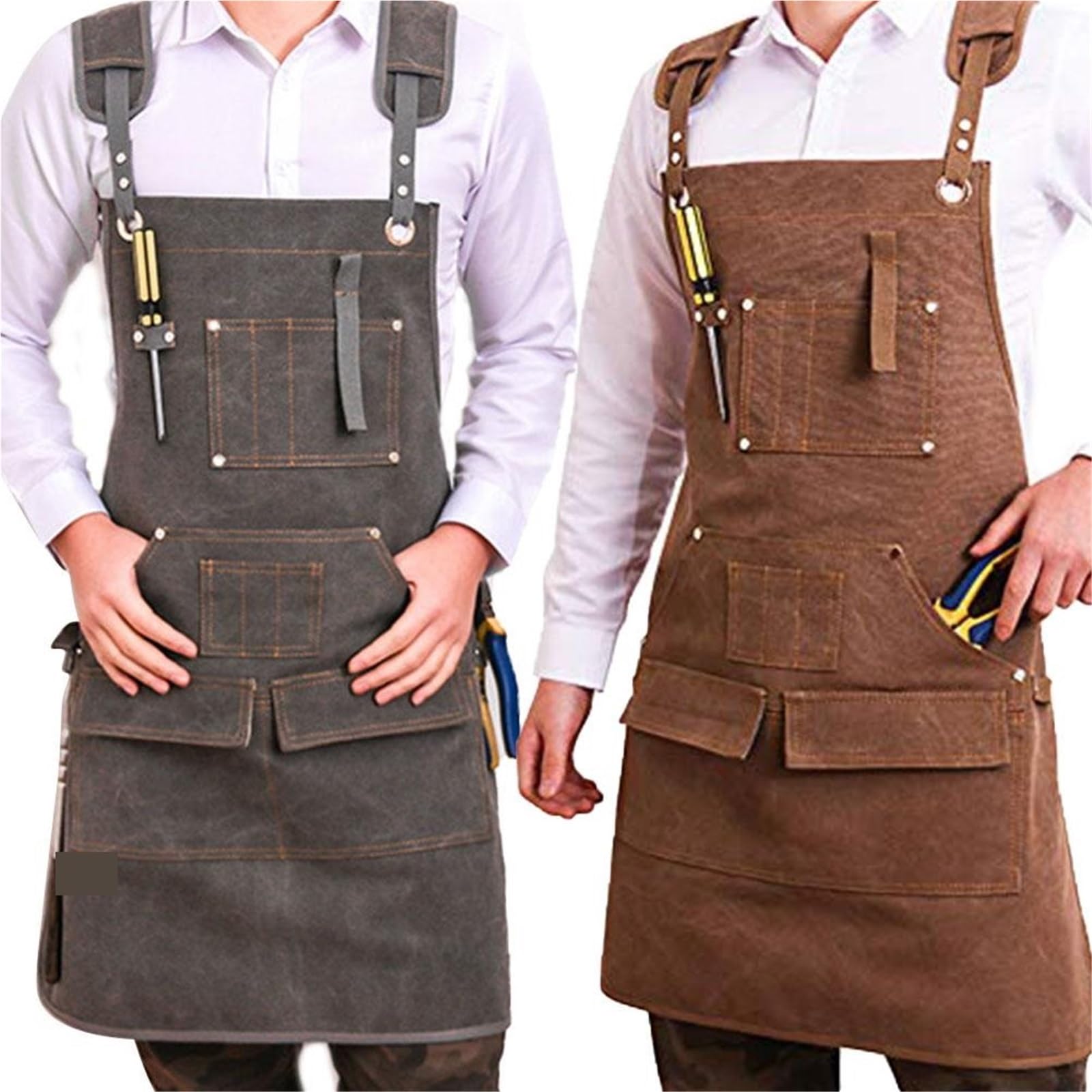 Delantal de Trabajo Unisex de Lona Encerada Resistente con Bolsillos for Herramientas y Correas Cruzadas Ajustables for carpintería y Pintura. para Trabajo(Brown)