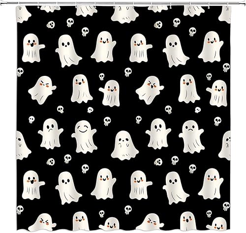 Cortina de ducha de fantasma de Halloween, moderna, retro, calavera, divertida, gótica, vintage, de terror, de dibujos animados, juego de decoración