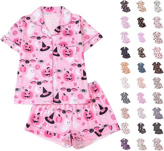 Women Halloween 2 Piece Pajamas Cute Soft Button Down Sleepwears Loungewear Shorts Sleeve Shirt and Shorts Pjs Set