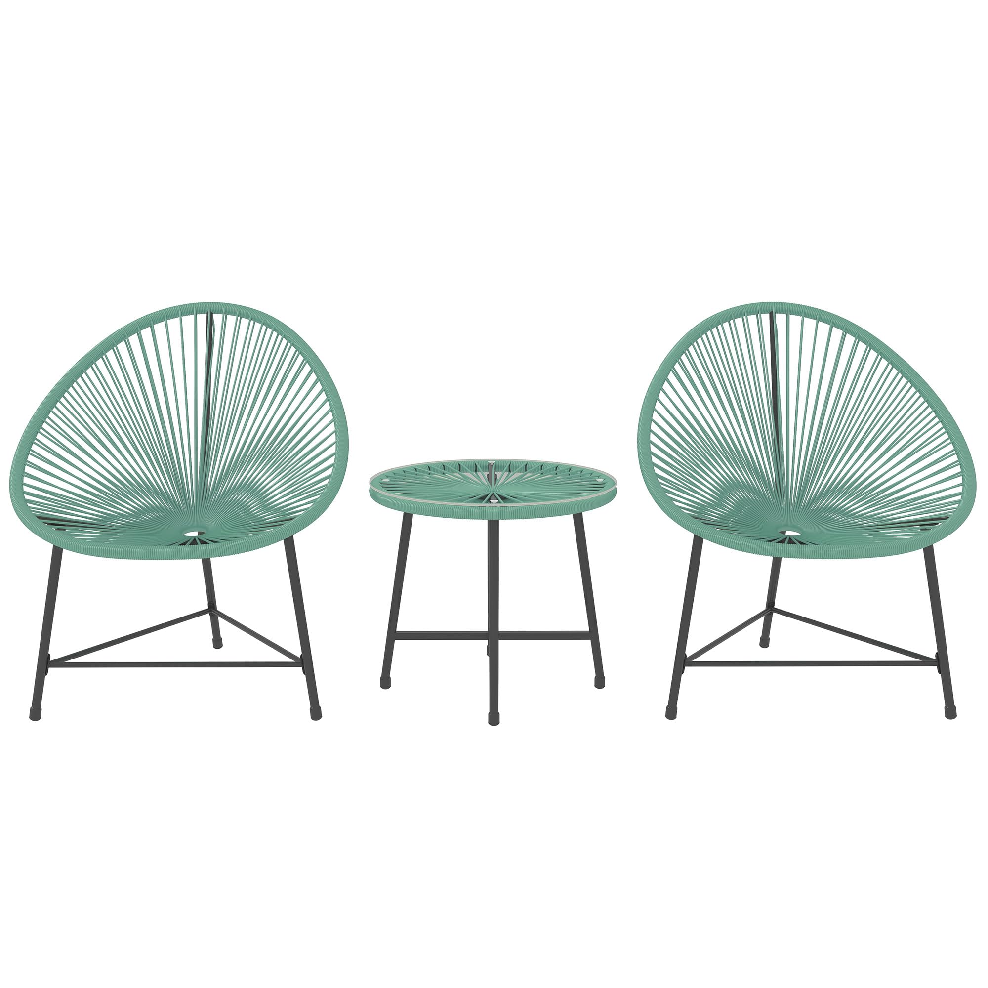 Outsunny 3 Pieces Rattan Bistro Set, Garden Bistro Set with Acapulco Chairs and Glass Top Table, Small Garden Furniture Set with Reinforced Metal Frame for Outdoor, Patio, Balcony, Green