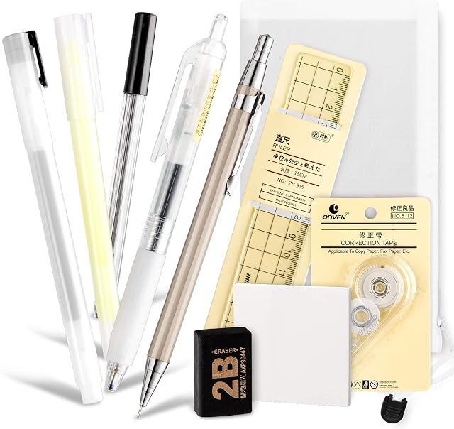 Whaline 10Pcs Japanese Style Pen Set Gel Ballpoint Pen Bag Mechanical Pencil Pencil Lead Correction Tape Sticky Note Rubber Ruler Highlighter Pen for Student Back to School Supplies Office Stationary