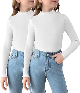 مجموعة من قطعتين من قمصان Arshiner Girls ذات الرقبة الطويلة والأكمام الطويلة والمزينة بالخس والقمصان الضيقة المحبوكة المضلعة والقمصان ذات الطبقة الأساسية العصرية غير الرسمية
