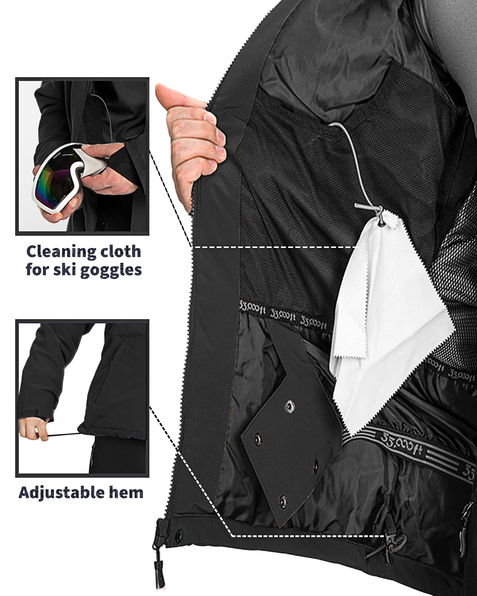 33,000ft Herren Skijacke Wasserdichte Winddichte Warme Outdoorjacke Winterjacke Funktionsjacke Atmungsaktive Snowboardjacke Softshell Jacke mit Kapuze