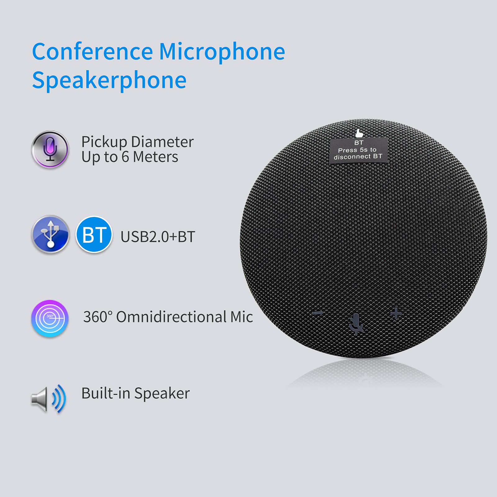 Microfono da conferenza BT portatile con microfono omnidirezionale a 360 gradi Altoparlante integrato Funzione mute Regolazione del volume per PC Computer portatile Telefono cellulare Home Office