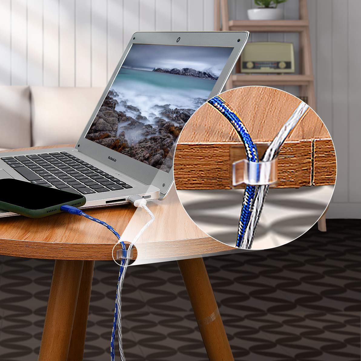 SOULWIT 50 Pcs Self Adhesive Cable Management Clips, Cable Organizers Sticky Wire Clips Cord Holder for TV PC Laptop Ethernet Cable Desktop Home Office (Clear) 4