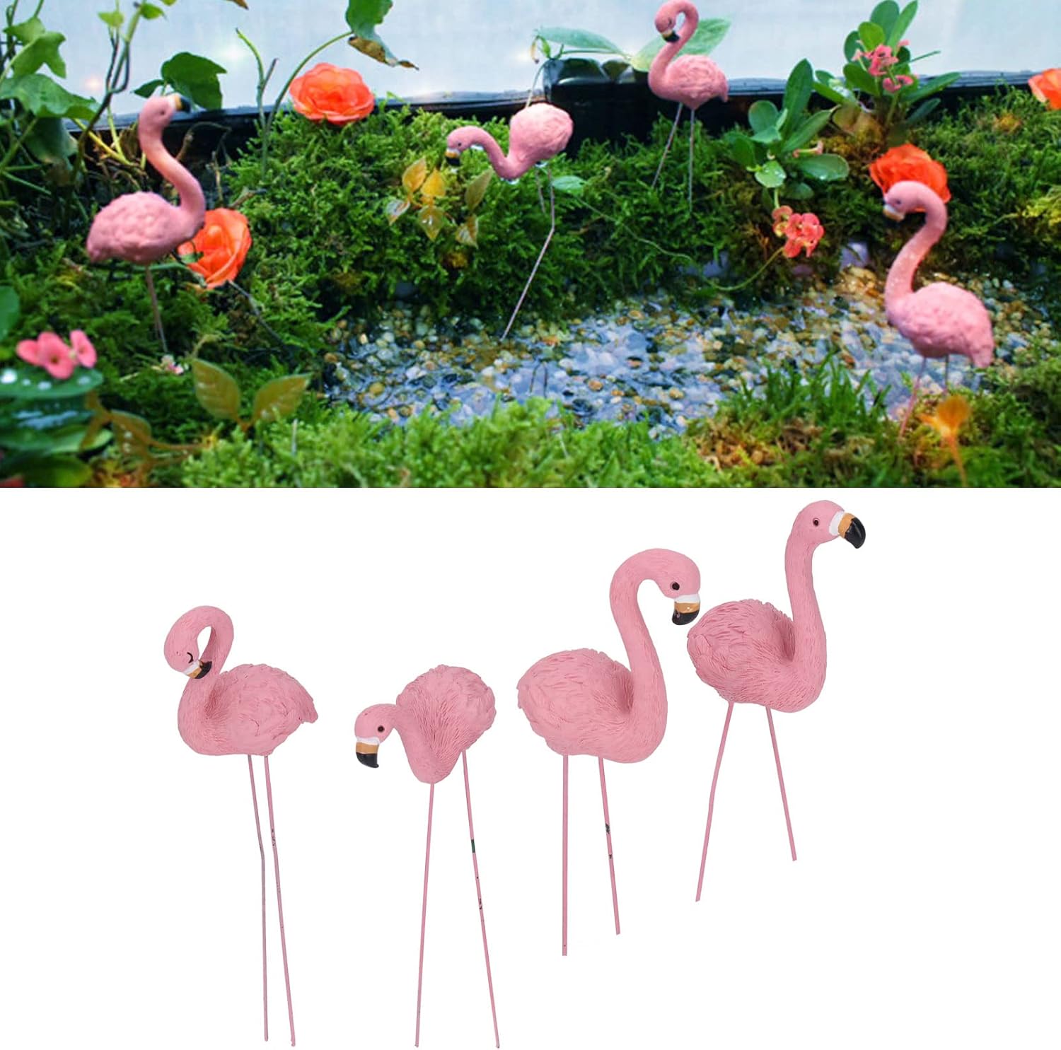 4PCS Mini Flamingos, Flamingo Decor, Pink Flamingos, Garden Statue, with Metal Legs, for Yard Lawn Patio Decorations