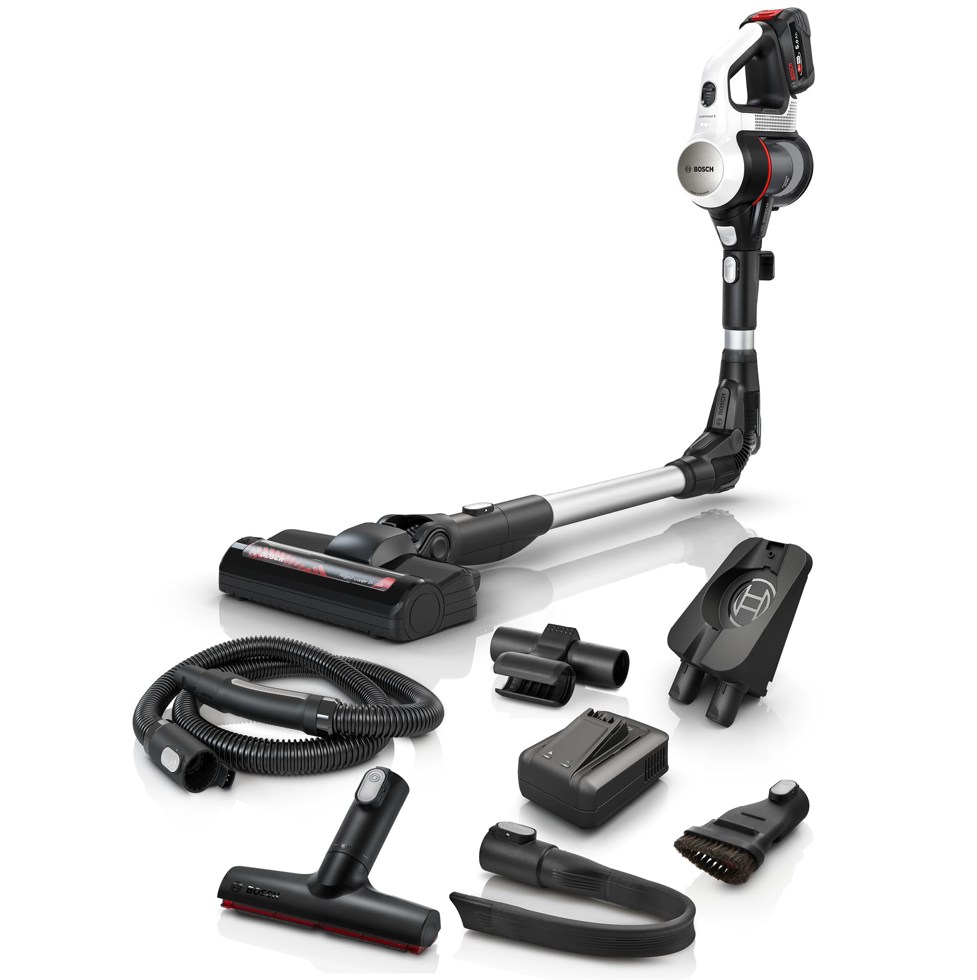 Bosch Akku-Staubsauger Unlimited 7 BSS715CARP, kabellos, Knickrohr, Hygiene-Filter, 10 Jahre Motorgarantie, 5.0 Ah Akku, Schnellladegerät, XXL-Polsterdüse, Turbostufe, Made in Germany, weiß