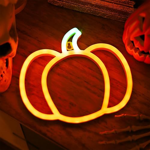 Miniatura 5 de Decoración de Halloween para ventana de otoño para interiores, luces de calabaza naranja y verde, letreros de neón para pared, funciona con pilas o