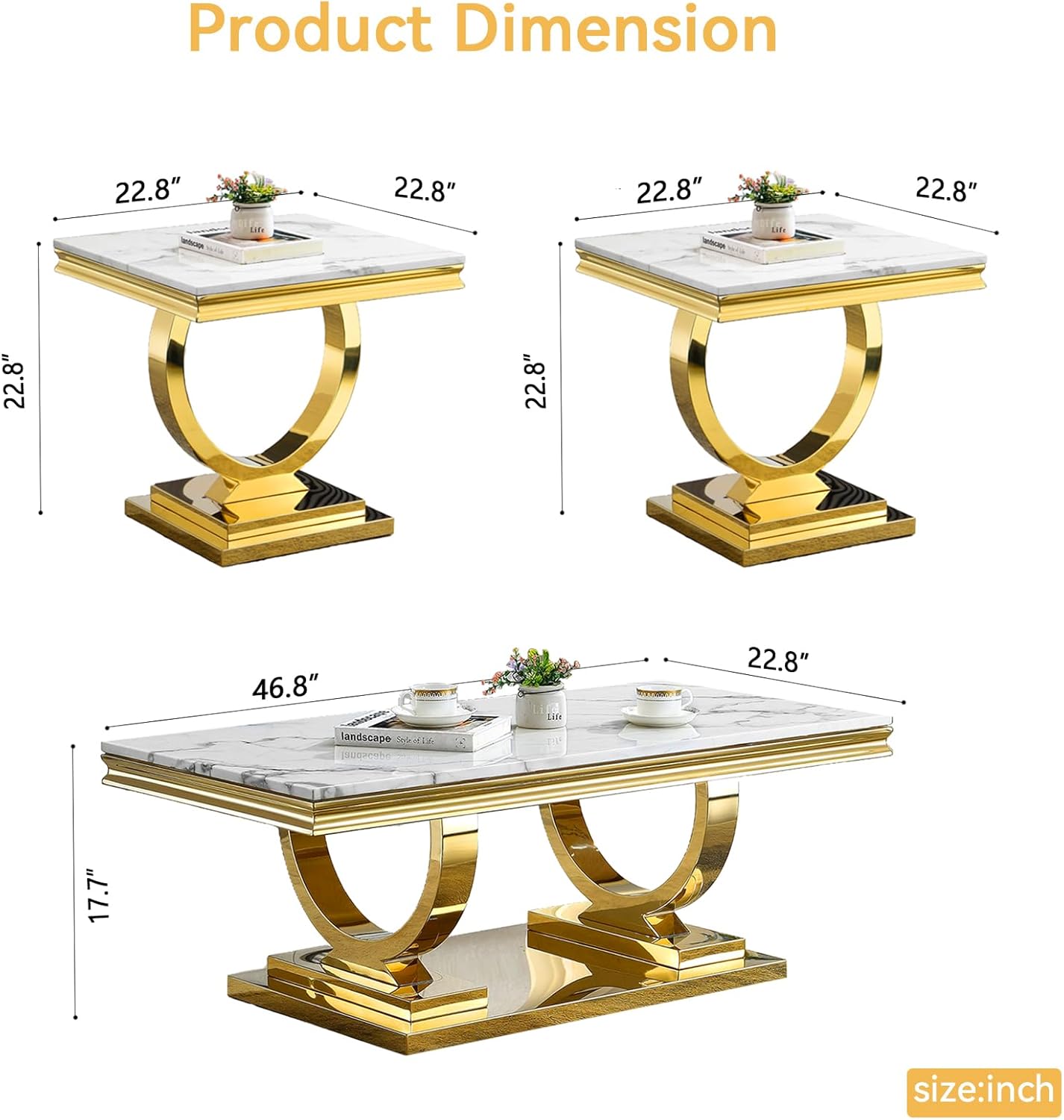 3 Piece Marble Living Room Table Set Modern White Faux Marble Coffee Table and 2 End Table with Gold O-Shape Stainless Steel Frame Elegant Coffee Table Set of 2 for Home Office