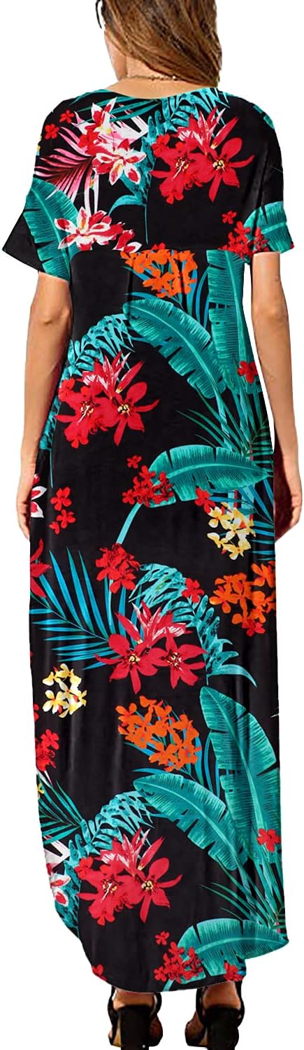 HUSKARY Women's Summer Maxi Dress Casual Loose Pockets Long Dress Short Sleeve Split Maxi Dresses - Image 2