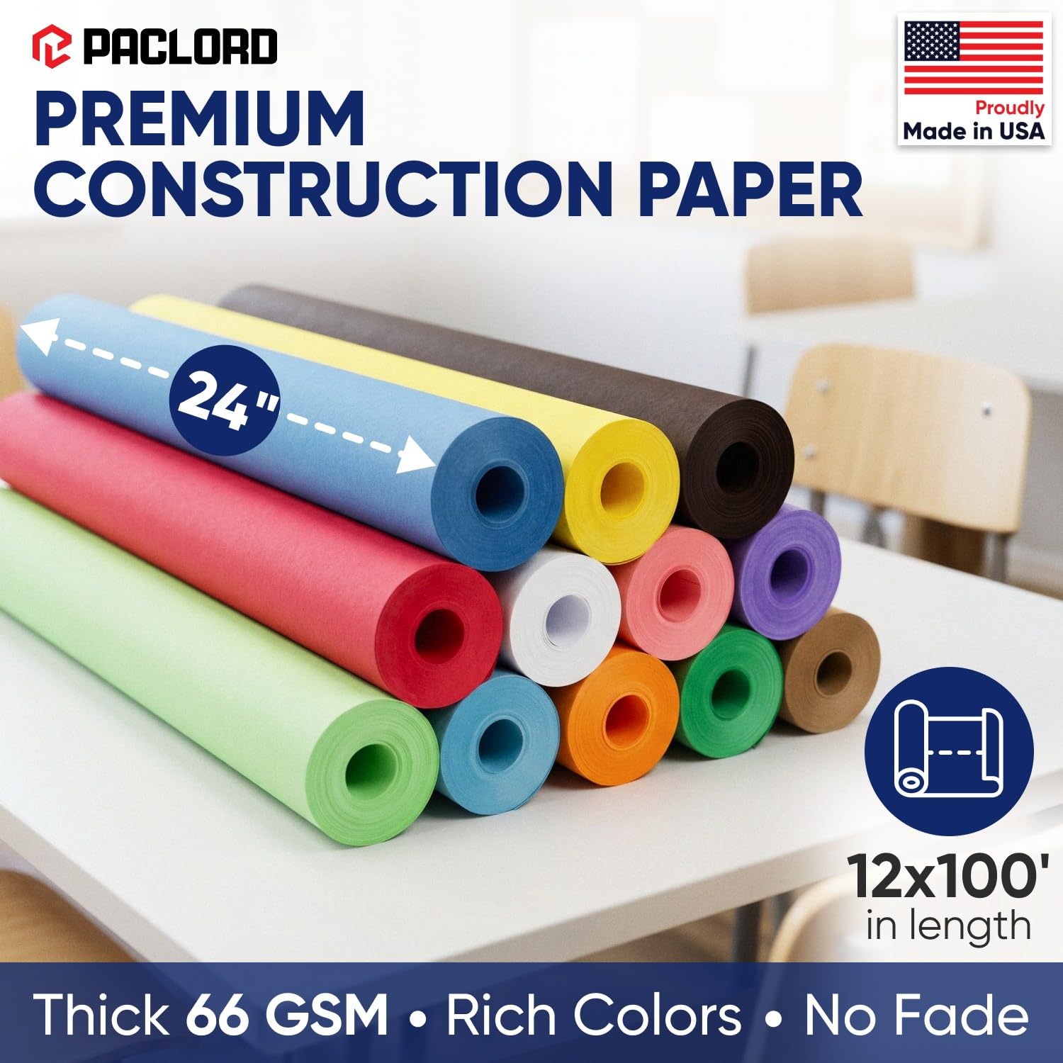 Paclord Lot de 12 rouleaux de papier kraft coloré de luxe pour école et projets artistiques, bricolage, travaux manuels – Non toxique, sans danger pour les enfants – 61 x 3048 cm (30,5 m)