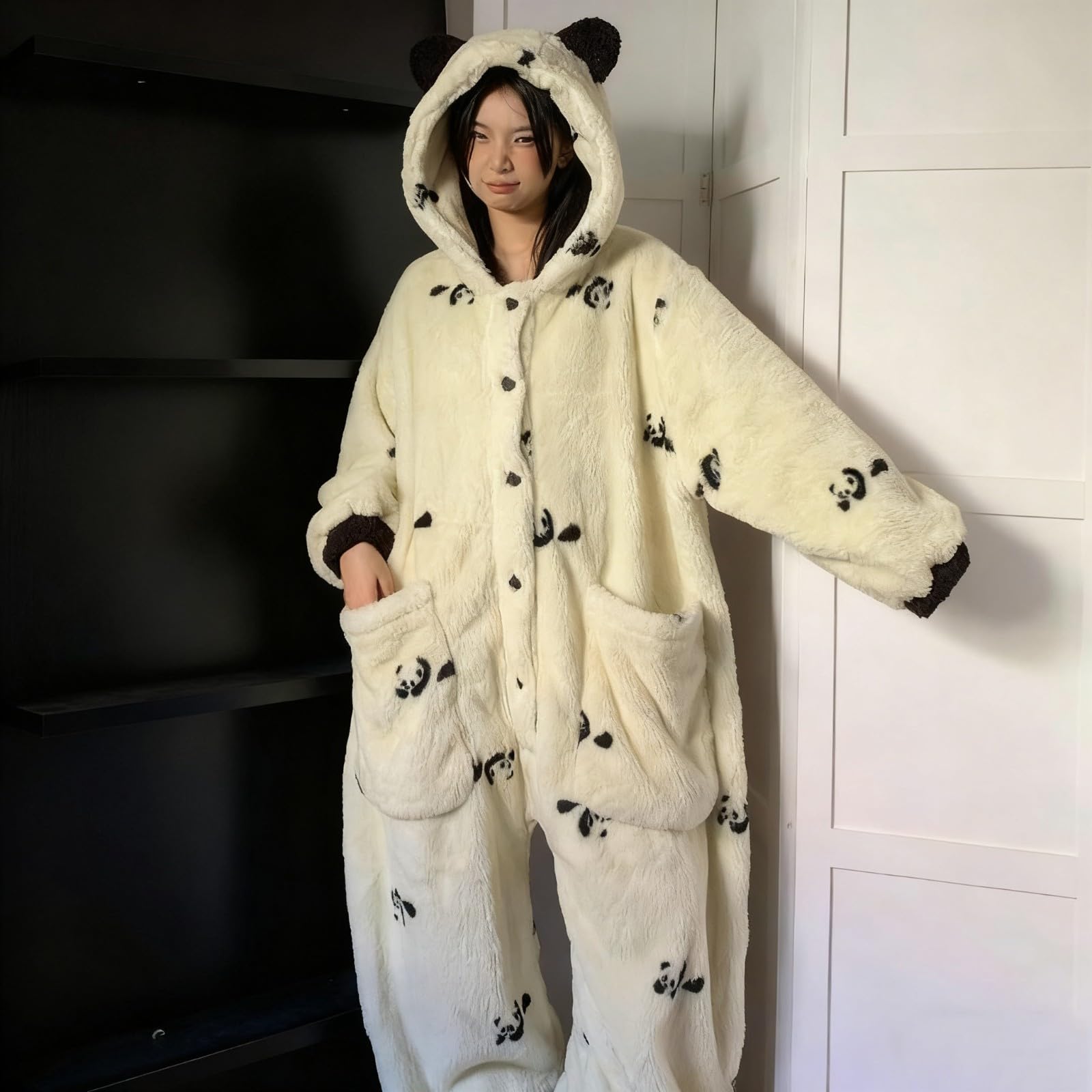 Generico Pigiama Tuta Donna - Pigiama Intero in Pile Morbido con Stampa Panda Cartone Animato per Donna Abbigliamento casa Caldo Invernale Relax Confortevole