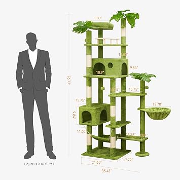 Meecal 77 Large Cat Tower Heavy Duty for Large Cats, Tall Cat Tree with Leaves - Scratch Post, 2 Cat Condos, Soft Hammock, Padded Perch & Hanging Ball, Green