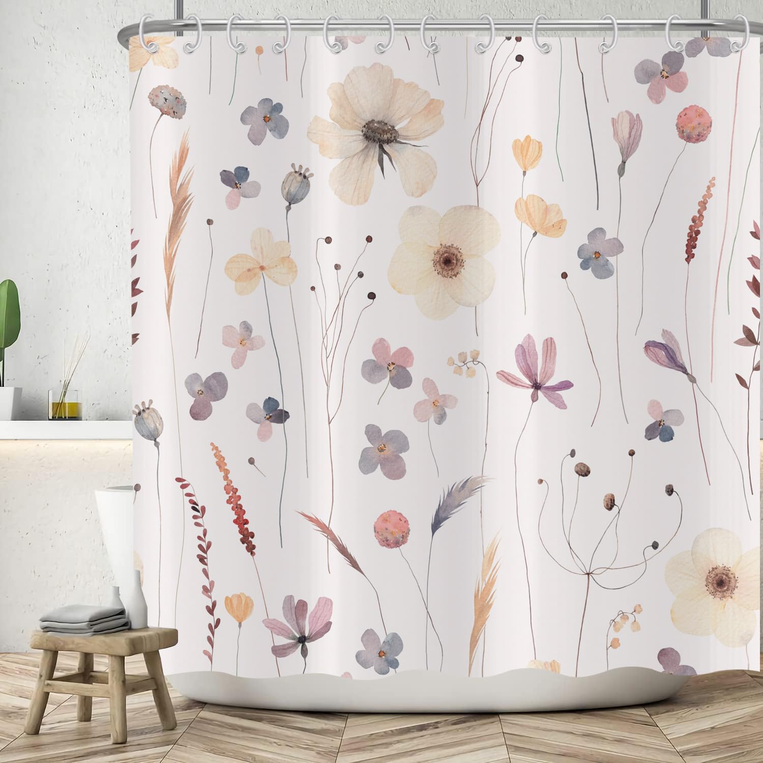 ASDCXZ Flower Shower Curtain 240x180 cm, Spring Hand Painted Rose Purple Yellow Flower Leaves Light Pink Washable Shower Curtains Polyester Textile Waterproof Bath Curtain for Bathtub with 12 Hooks — image 1