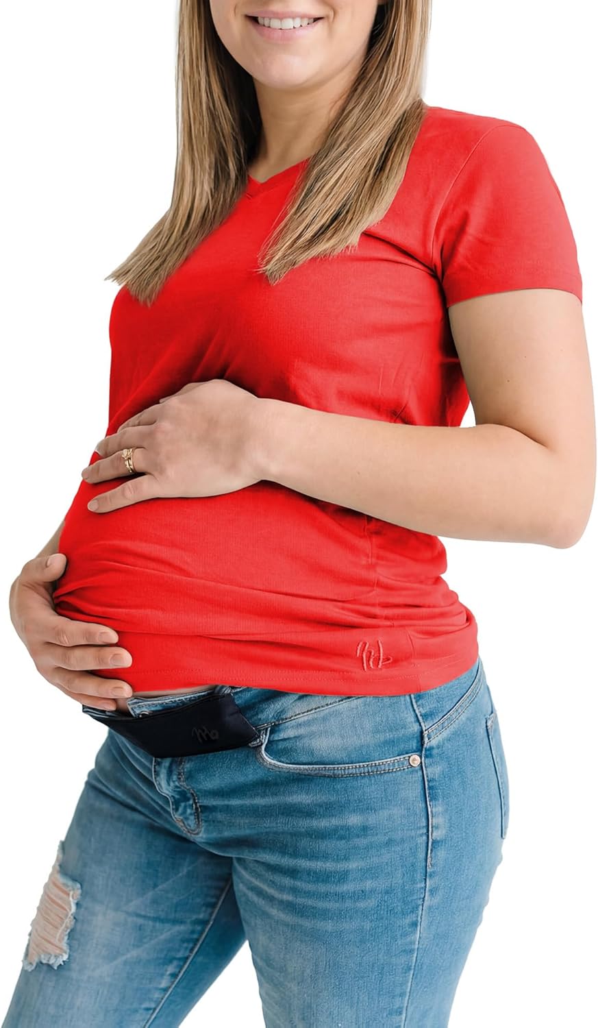 Maeband Maternity Belly Band (Size M) + Timeless Women’s V-Neck T-Shirt (Size L) Bundle | Pregnancy Pants Extender Waistband + Soft Stretch Everyday Tee
