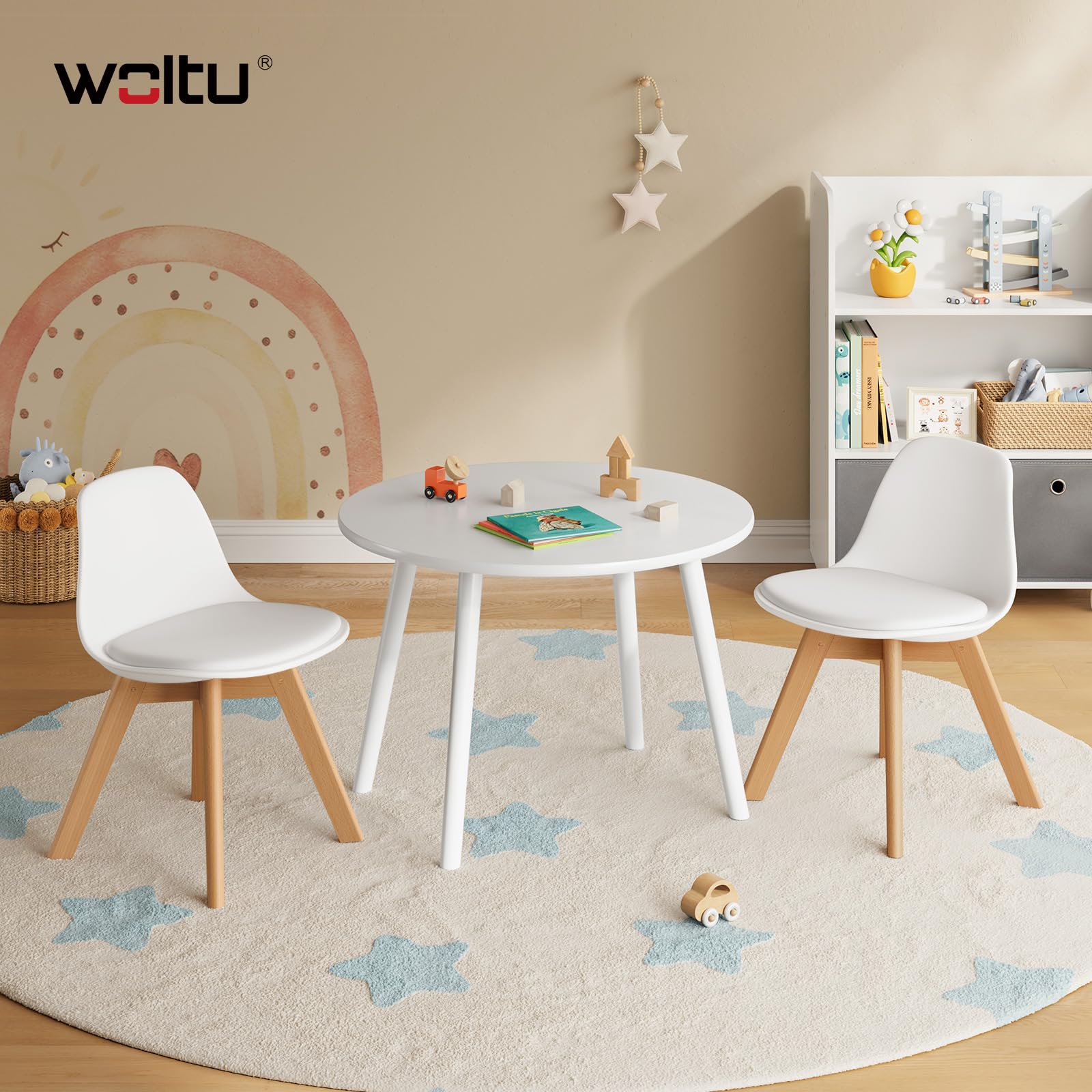 WOLTU Silla para Niños, Silla Infantil Altura de 33 cm, Respaldo Curvado, Asiento de PP + PU, Patas de Madera, con Almohadillas, 38x33x56 cm, Blanco