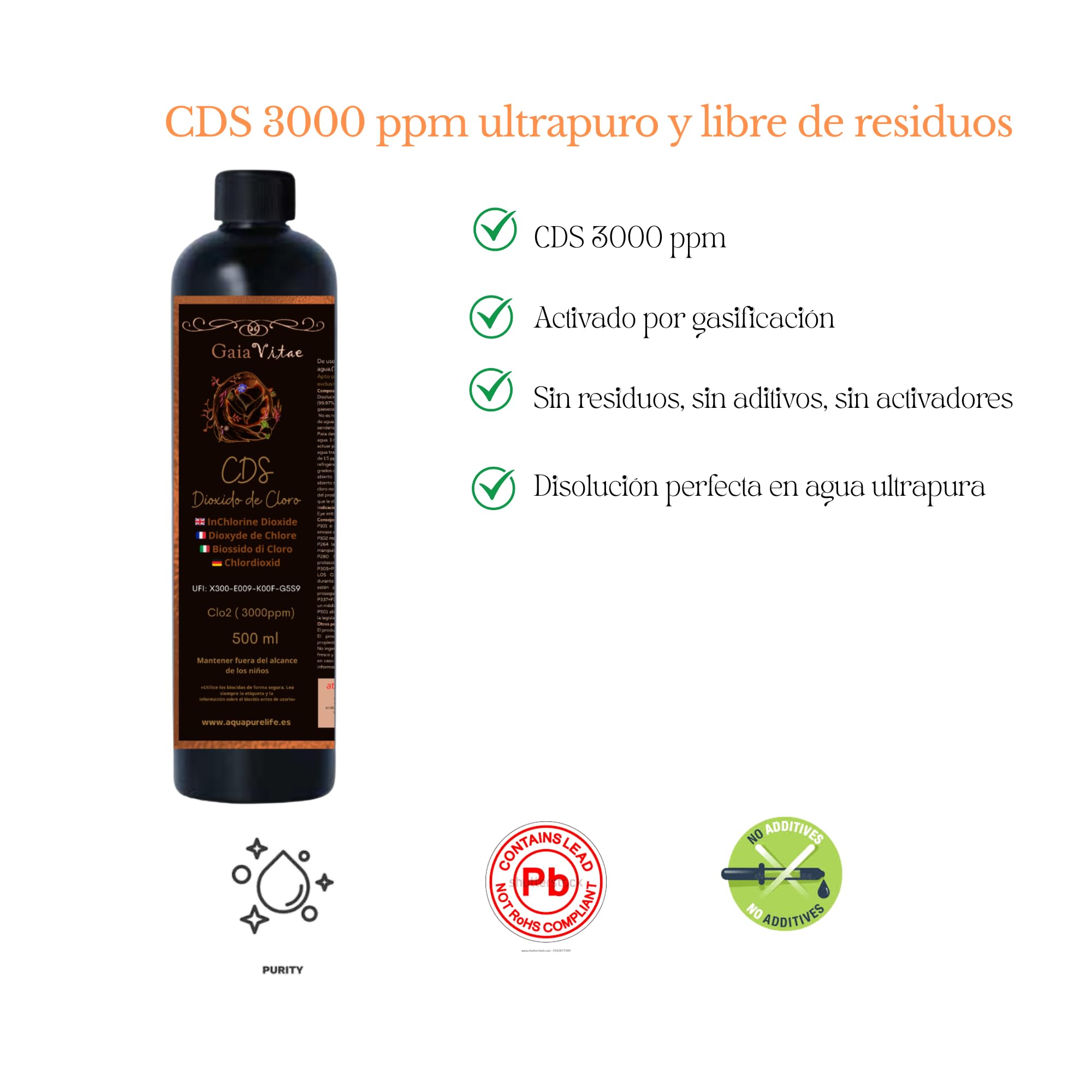 CDS/CDL 3000 PPM (500 ml) - CDS de fabricación Reciente, Producto ya Activado, Listo para dosificar, Incluyendo un vasito medidor