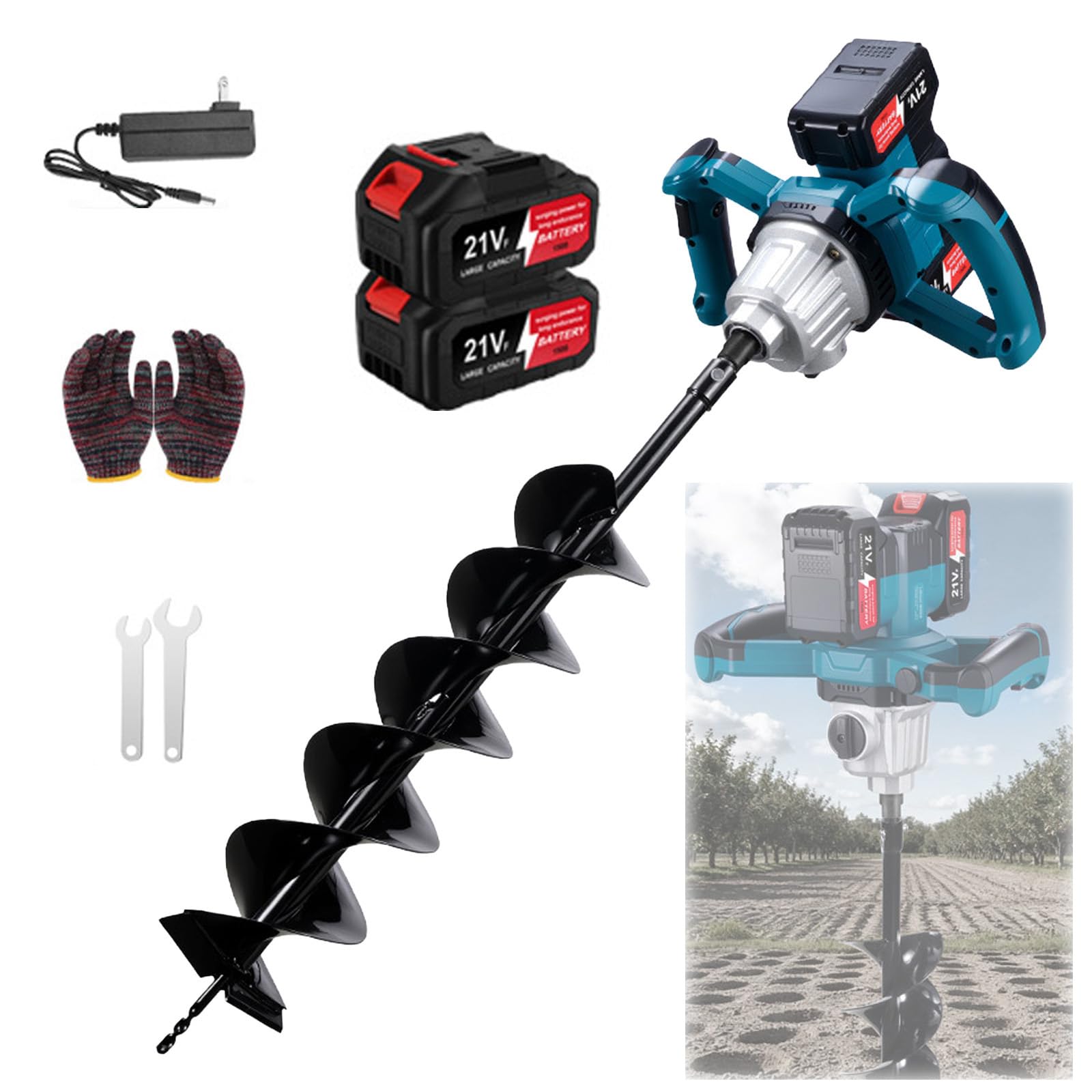 Punta da terra a batteria professionale, 1200 W, senza spazzole con 2 batterie da 4000 mAh, punta da 14 x 80 cm, trapano elettrico senza spazzole, adatta per trapano da terra con diametro da
