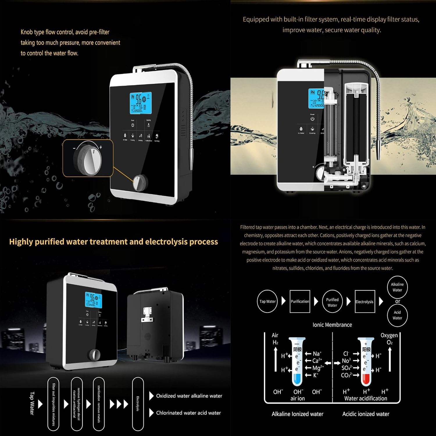 Water Purifier Machine Water Ionizer ORP+500 to -800 PH 2.8-11 Home Alkaline Water Filtration System,5 Water Settings/Instant heating 58°C/12,000 Liters Per Filter/Auto-Cleaning/Intelligent Voice