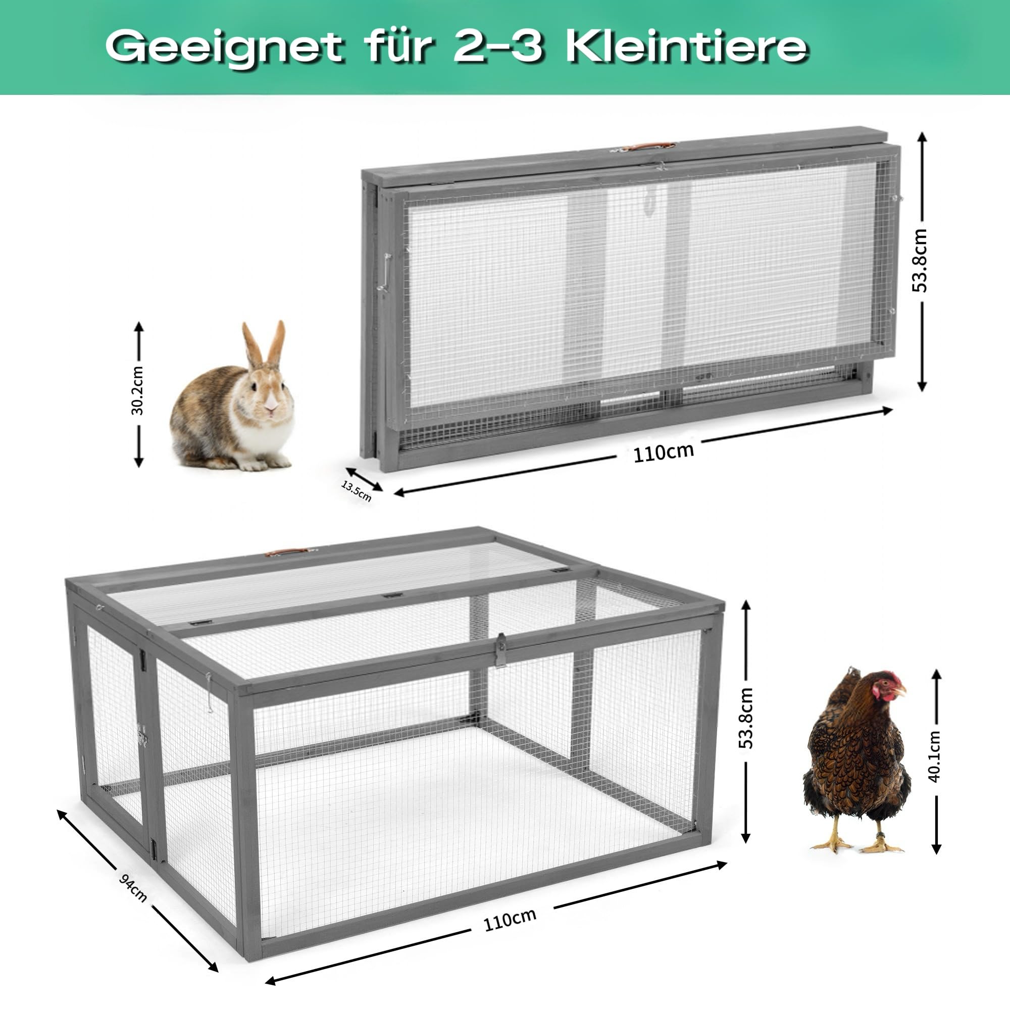 Kaninchenstall, Klappbarer Freilaufgehege aus Holz mit Sonnenplatte & Drahtgitter, 110x94x54 cm, Wetterfest für Kaninchen & Meerschweinchen im Außenbereich