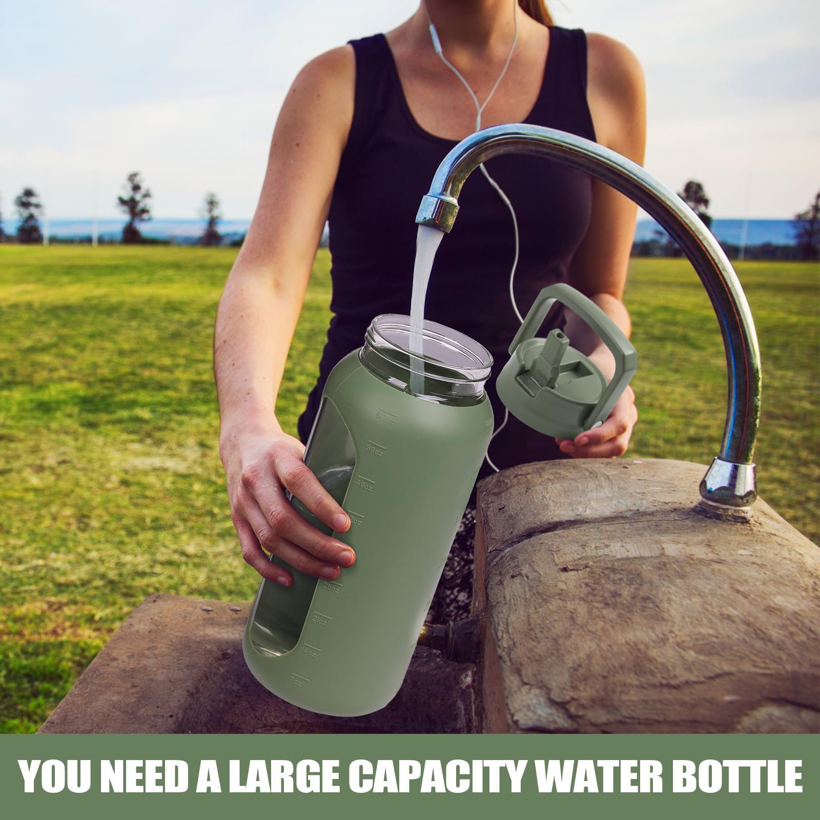 BLUEGO 2000ml Bottiglie d'acqua in vetro con 2 coperchi Bottiglia d'acqua con cannuccia 2L Bottiglia d'acqua grande con indicatori di capacità per sport A prova di perdite, Oliva