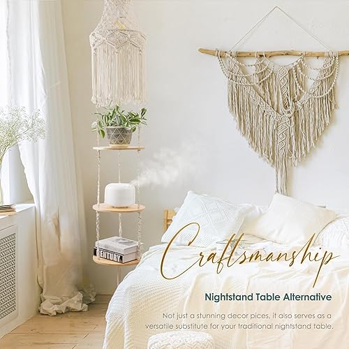 Miniatura 4 de ANROYE Estante de lámpara colgante de macramé de 3 niveles, estilo bohemio tejido esquinero, estantes para plantas con cable de enchufe, lámpara de