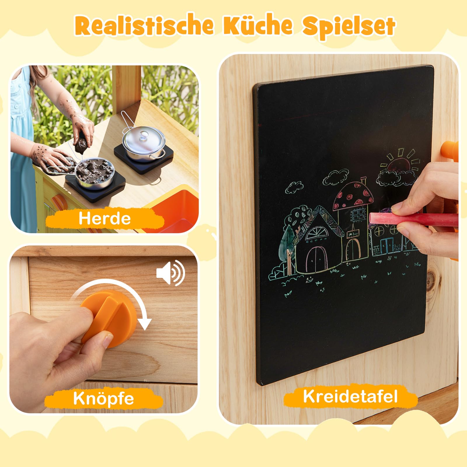 DREAMADE Matschküche Kinder Outdoor, Kinderküche mit Tafel & Acryl-Tafel & Pflanzentöpfen & Herd & Spüle, Outdoor Küche aus Tannenholz mit 10 TLG. Zubehör