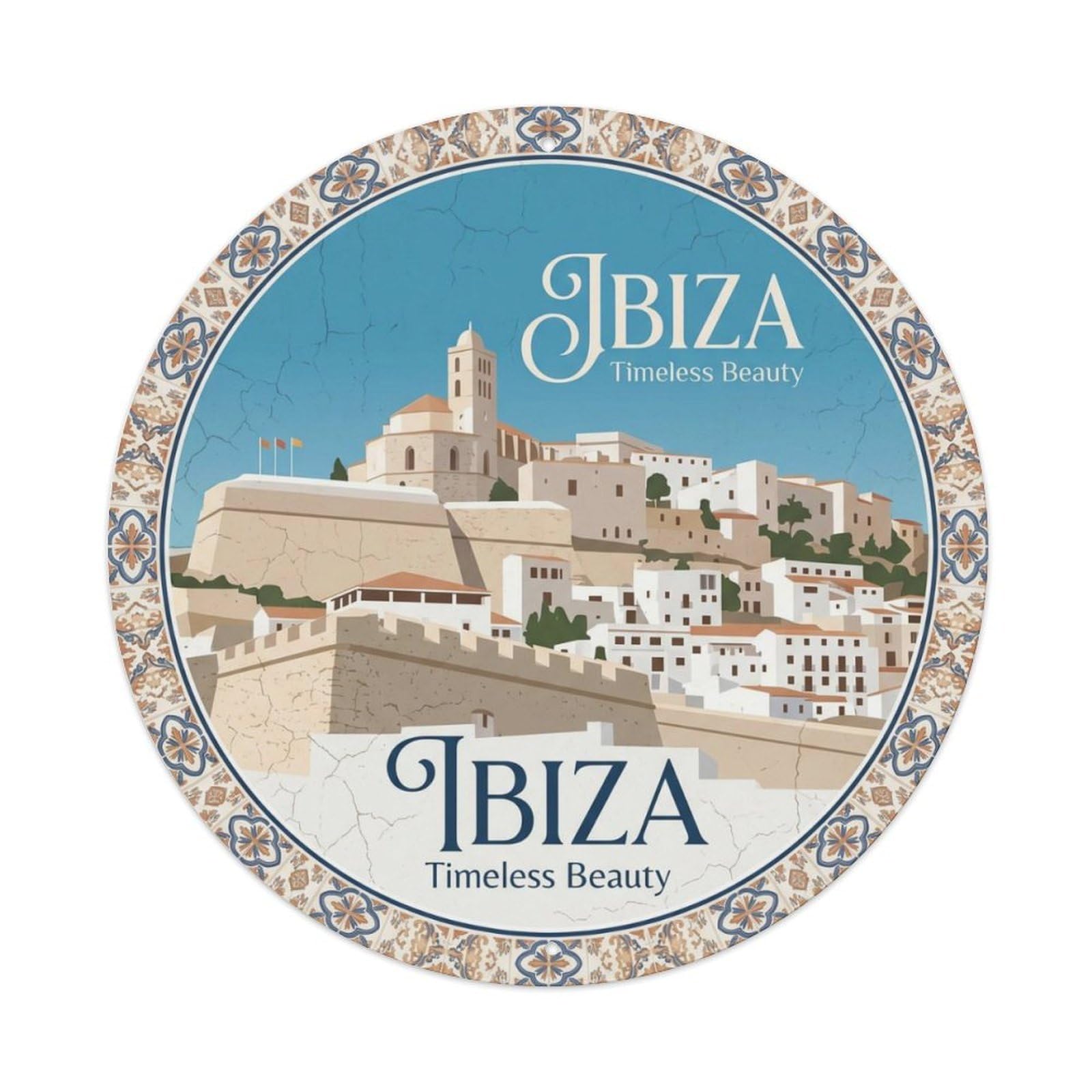 Vintage Travel Ibiza Fortress Heritage Metal Tin Sign Plaque Wall Decor for Cafe, Club, Garden Round Metal Poster 8x8Inch