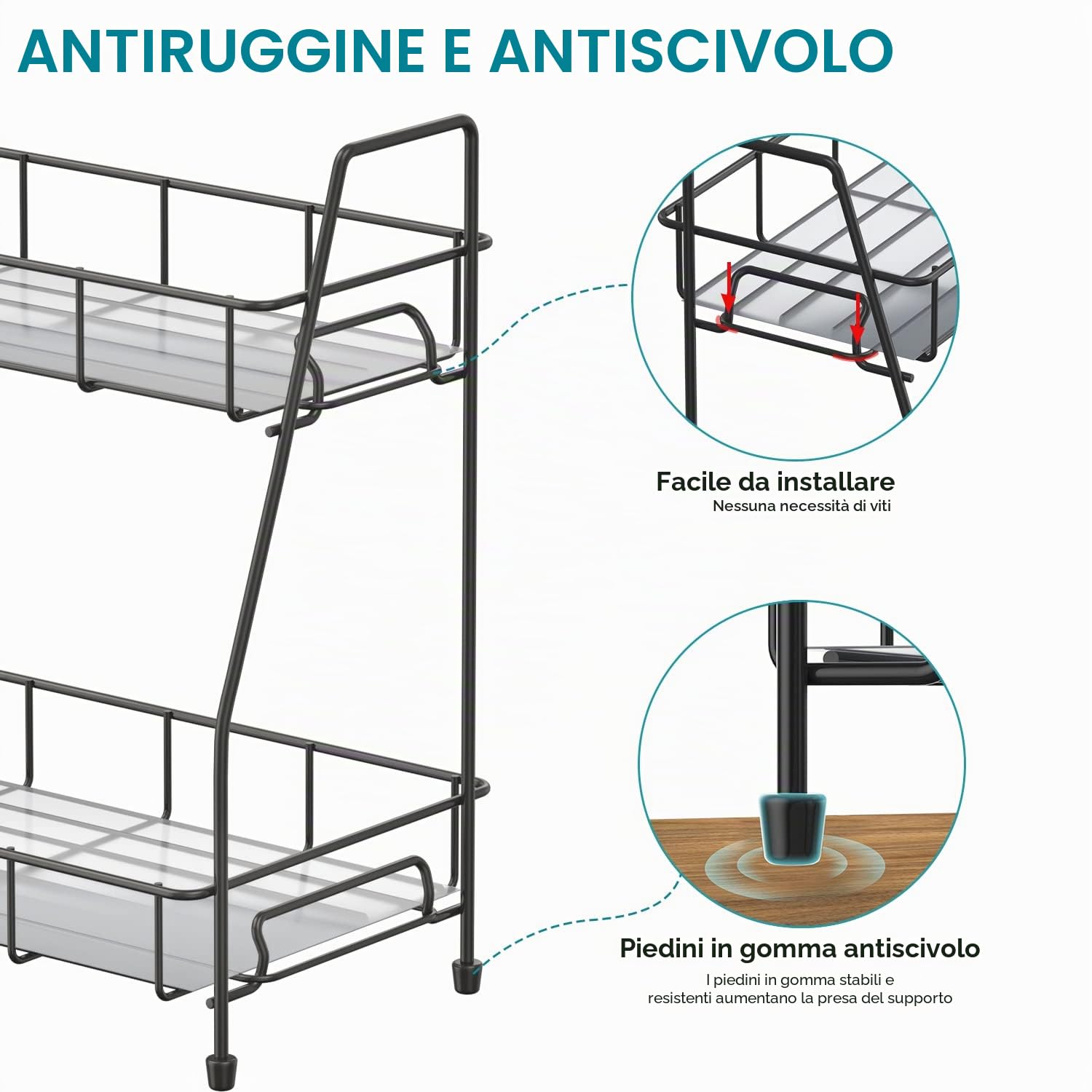 Supporto Porta Spezie Organizer per Cucina da Appoggio,Mensola Portaspezie Ripiani Organizzatore per Cucina Armadietto Bagno 2 Livelli,Nero