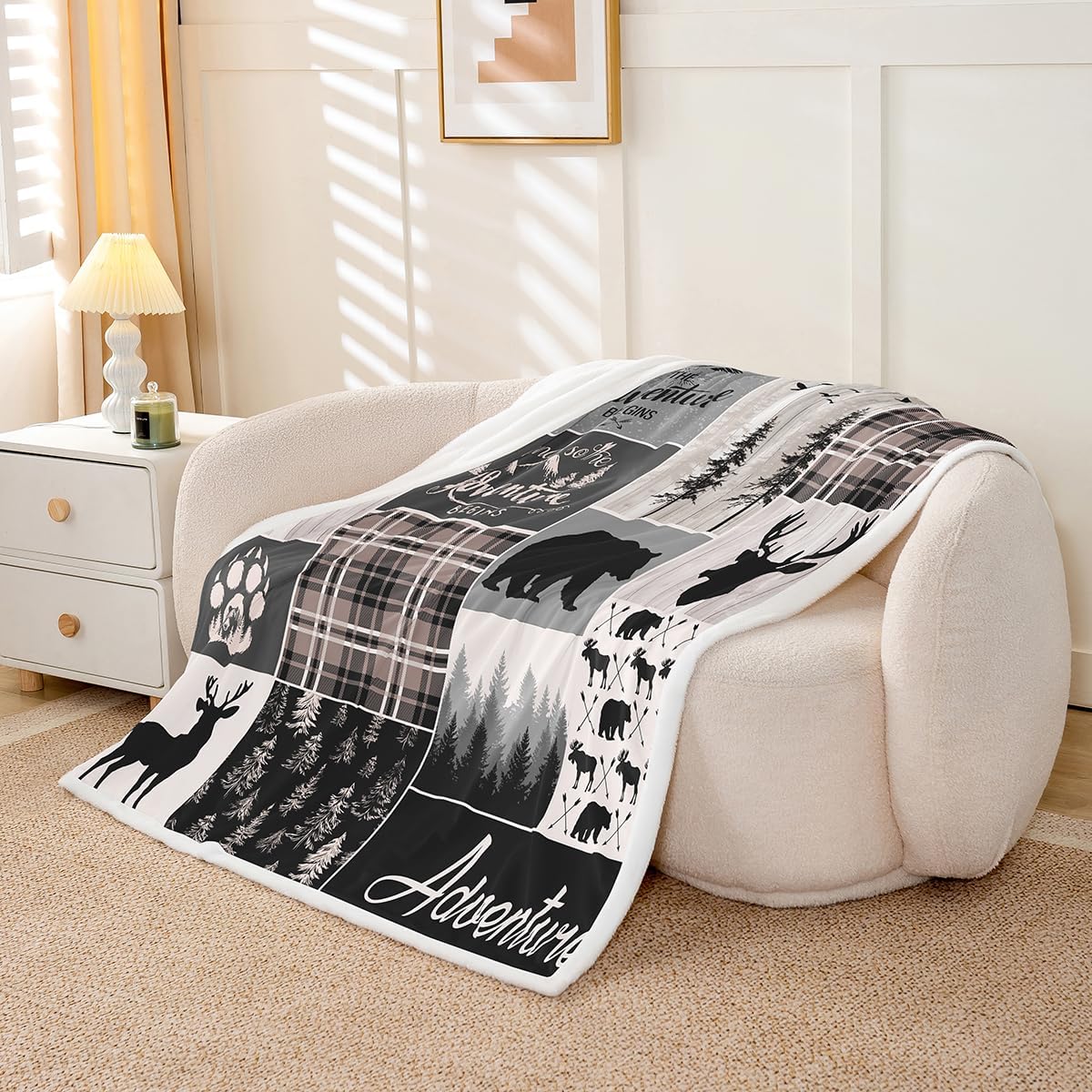 Buffalo Patchwork Fleece Blanket Throw Size, Hunting Bear Deer Sherpa Blanket For Kids Teens Adult, Rustic Farmhouse Grid Claw Throw Blanket Adventure Camping Plush Bed Blanket For Bedroom Sofa Couch