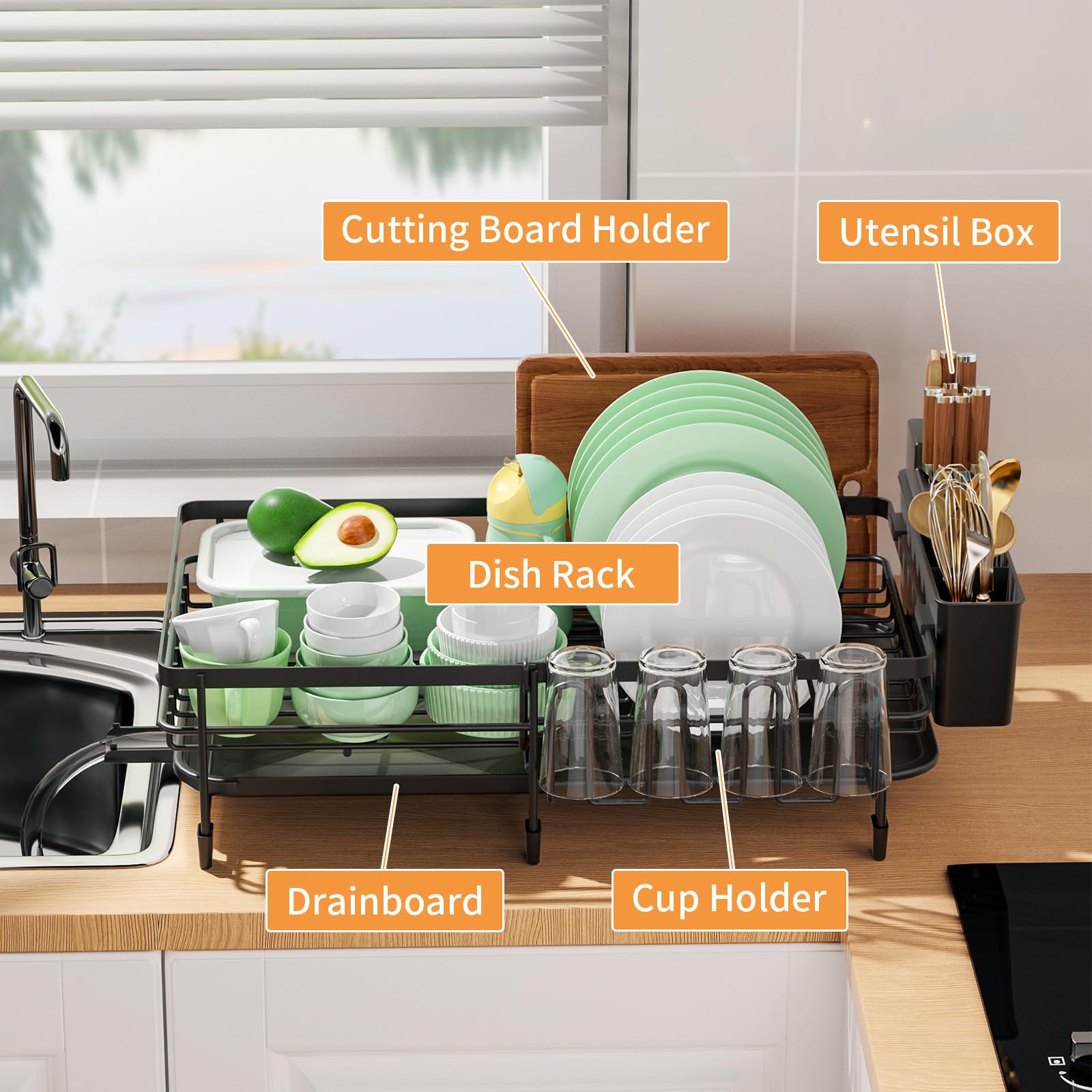 WIWIUXY Dish Drying Rack - Extendable Dish Rack, Multifunctional Dish Rack for Kitchen Counter, Anti-Rust Drying Dish Rack with Removable Cutlery & Cup Holders, Black