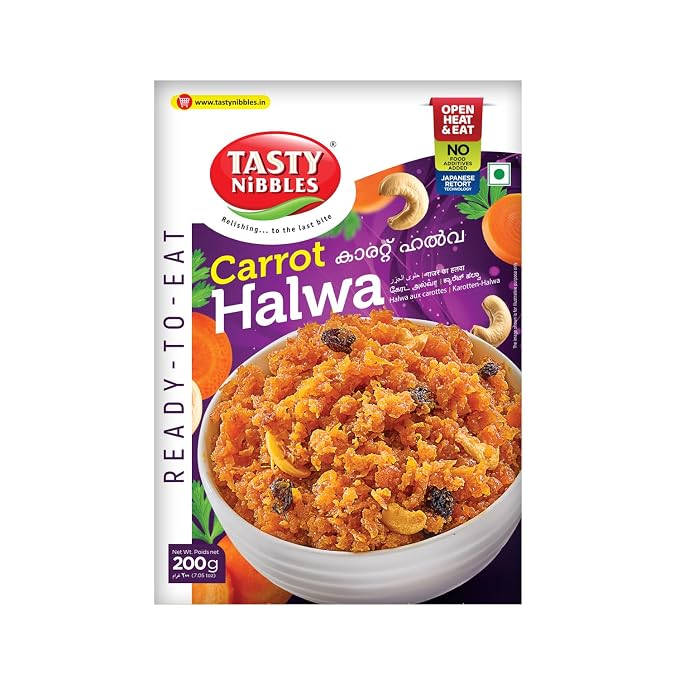 Tasty Nibbles Ready to Eat Carrot Halwa 200g |Authentic Indian Sweet| Open Heat & Eat | Vegetarian | No Added Preservatives | Japanese Retort Technology [Pack of 1]