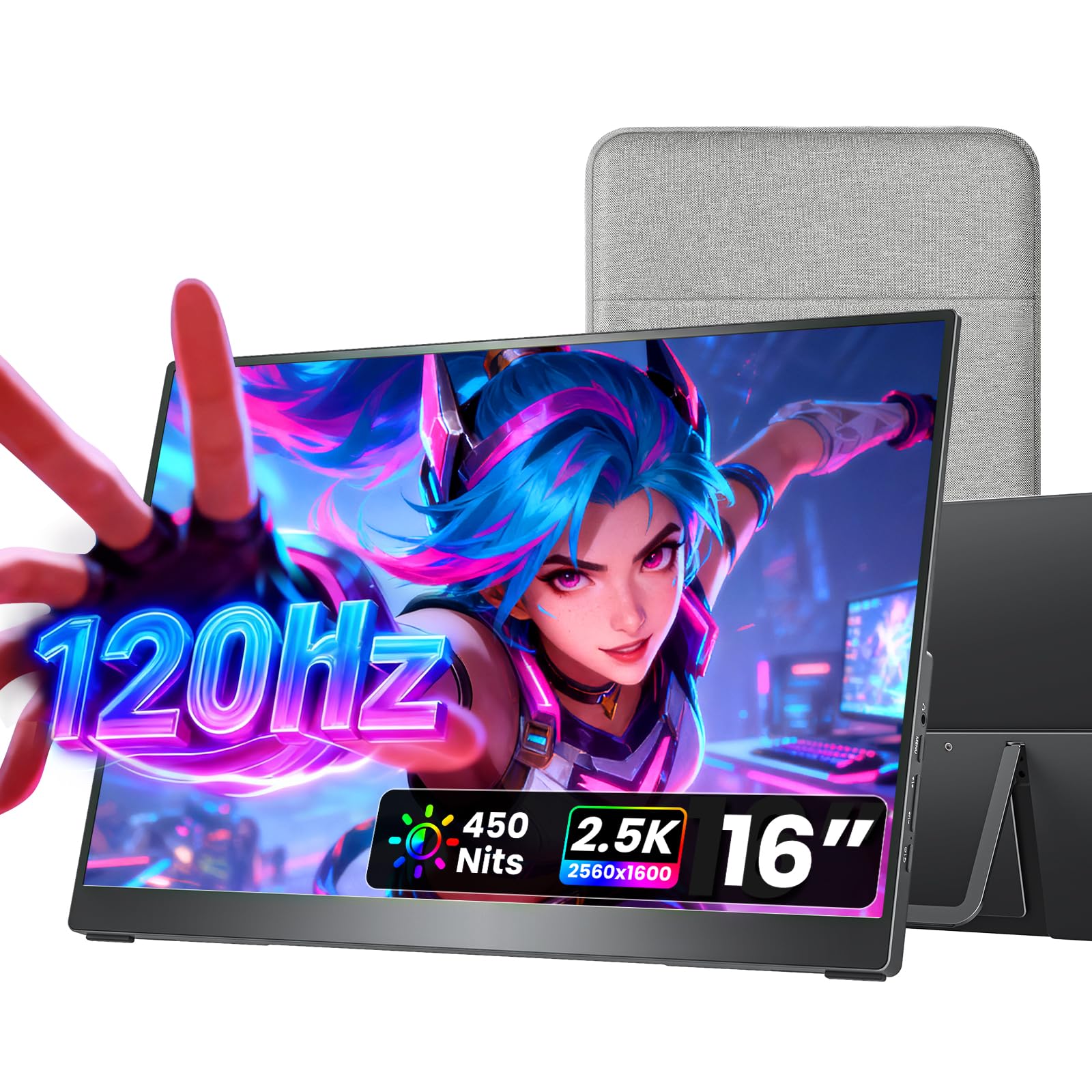 cocopar Portable Monitor 16 Zoll 2.5K QHD 110% sRGB Mobiler Bildschirm Lautsprecher HDMI USB-C Tragbarer Monitor für Laptop MacBoo Surface PC Xbox PS4/5, VESA montierbar mit Integrierter Ständer