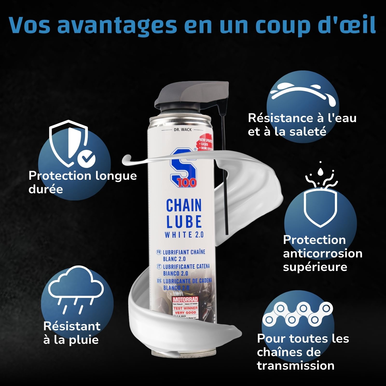 Dr. Wack - S100 Chain Lube - Lubrifiant Haute Performance & pour Chaîne de Moto - Protection Longue Durée contre Usure et Corrosion - Résistant à l'Eau - Fabriqué en Allemagne - Spray 400 ml
