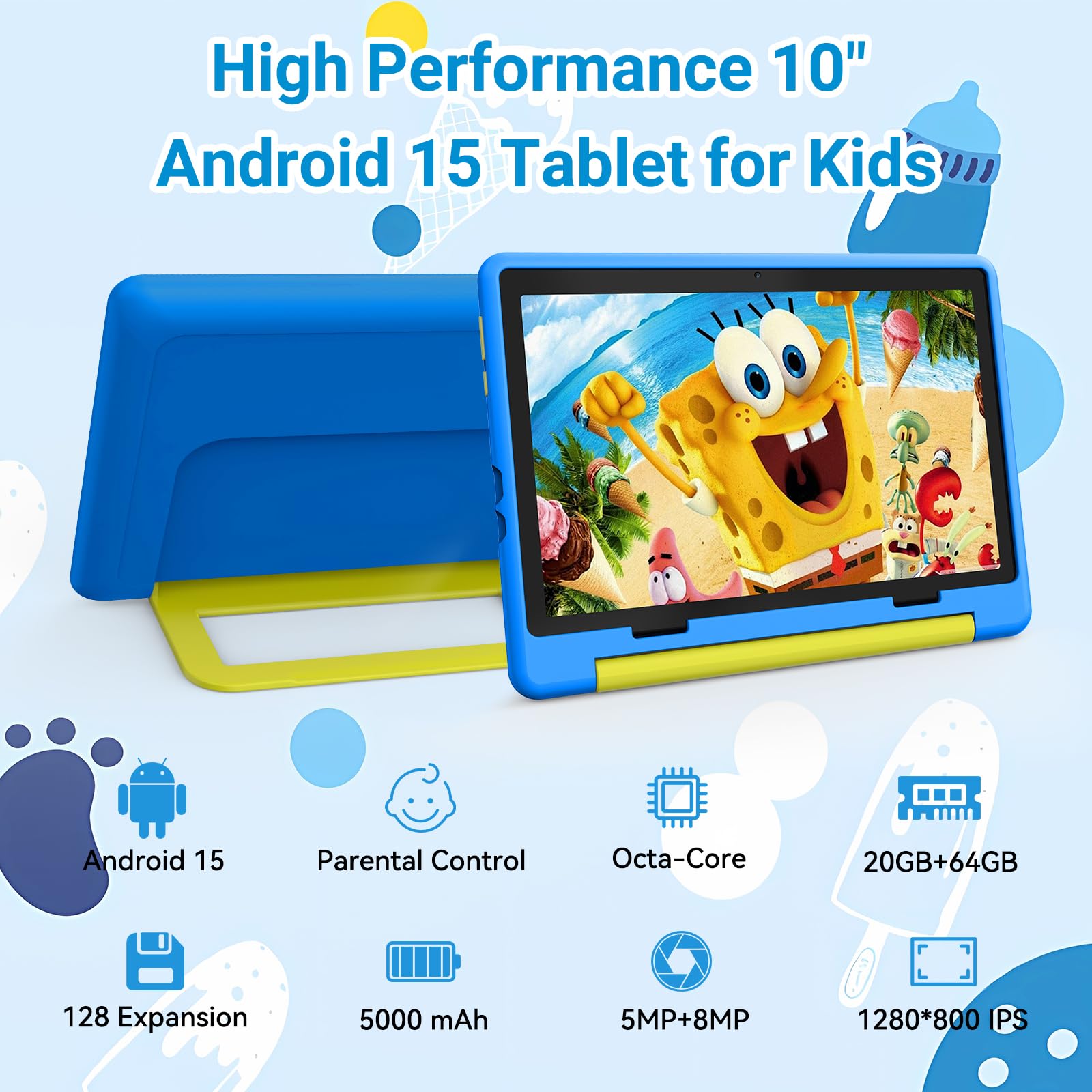 Kinder Tablet 10 Zoll,Android 15 Tablet mit 20 GB RAM+64GB ROM(TF 1TB), Kindersicherung, Wi-Fi 6G, Widevine L1, 5000mAh, Sturzsicherer Schutzhülle, Tolles Geschenk für Kinder Blau
