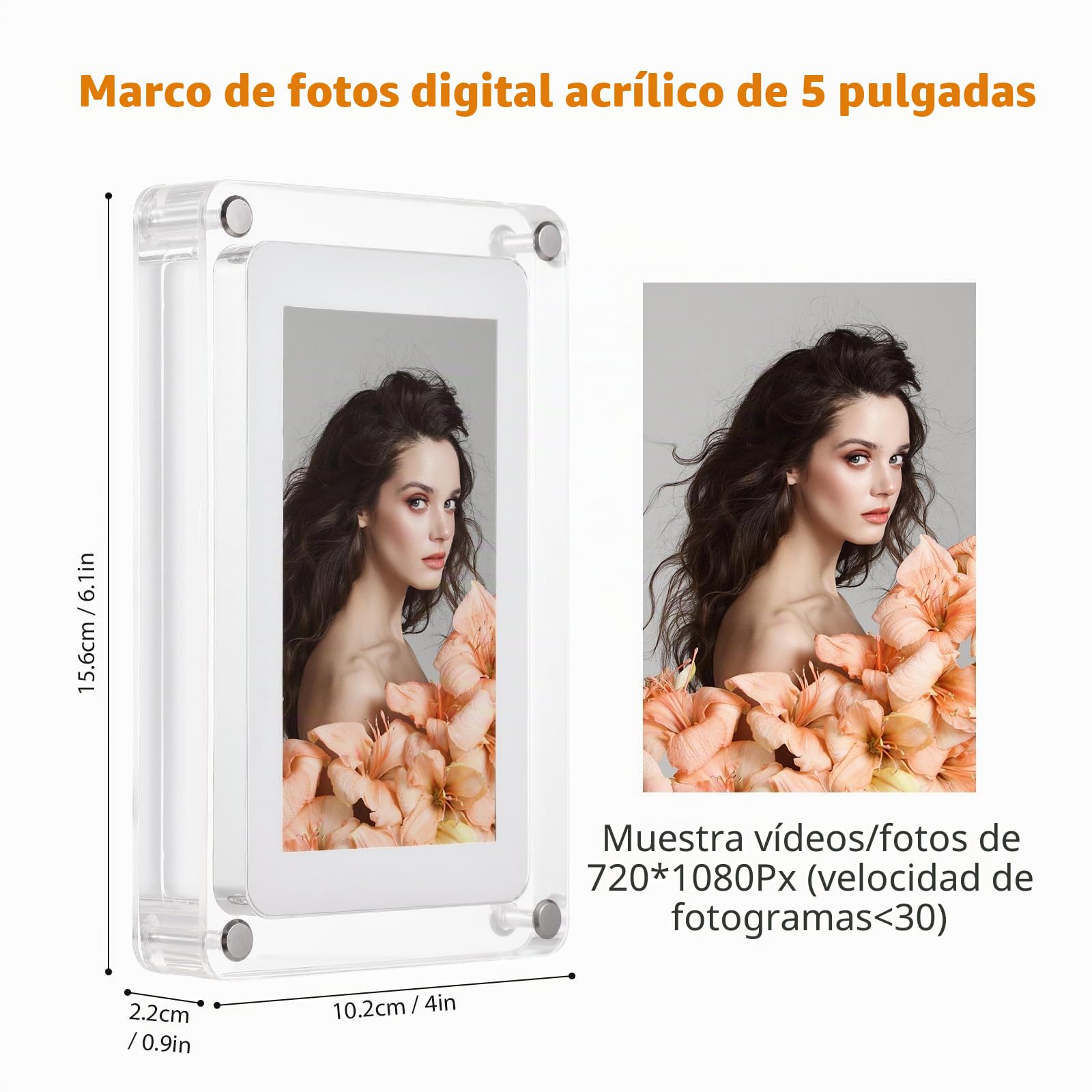 Andoer foto digital 5 pulgadas, marco electrónico acrílico, reproductor de fotos/música/vídeo, rotación automática, 8 GB memoria incorporada, batería