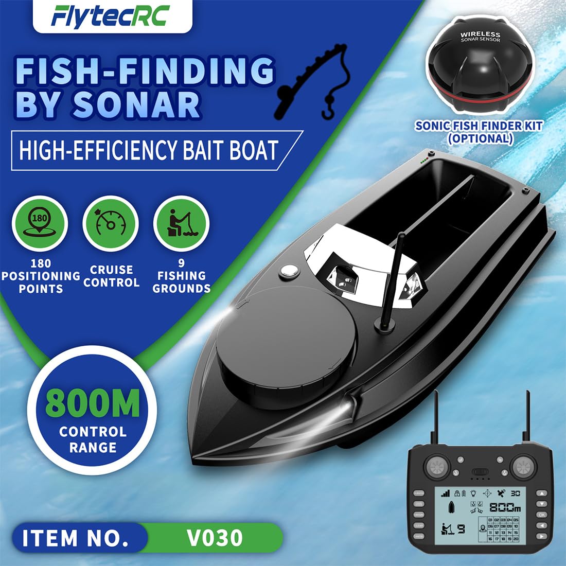 Barco De Cebo RC V030 12V 2.4GHz – Control Remoto De 800 M, GPS Con 180 Puntos De Ruta, Capacidad De 3 Kg, Doble Tolva – Ideal Para Pesca De Carpa Y Lucio