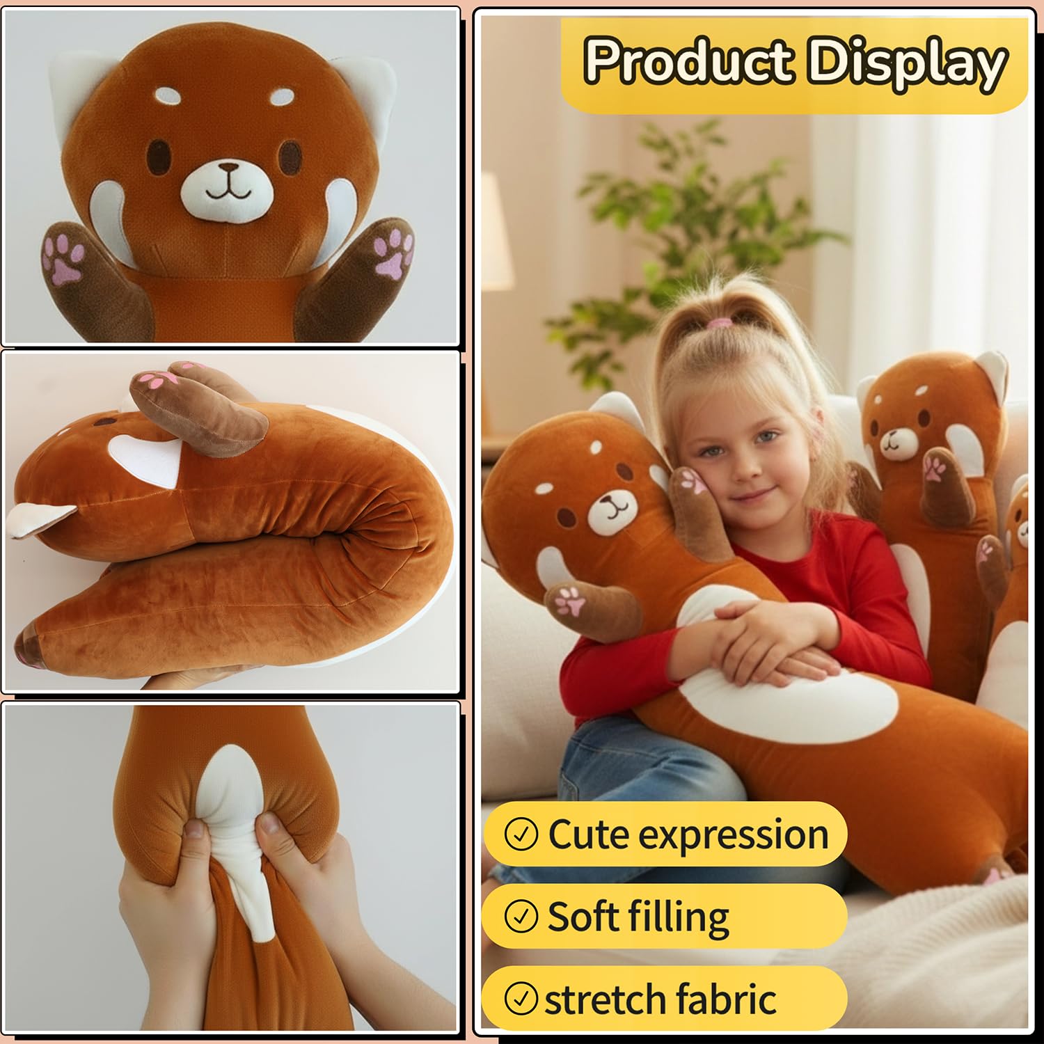 ZOMAXTOY Red Panda Stuffed Animal Pillow, Long Red Panda Plush Toy, Super Soft Hugging Pillow for Kids & Adults - Image 3